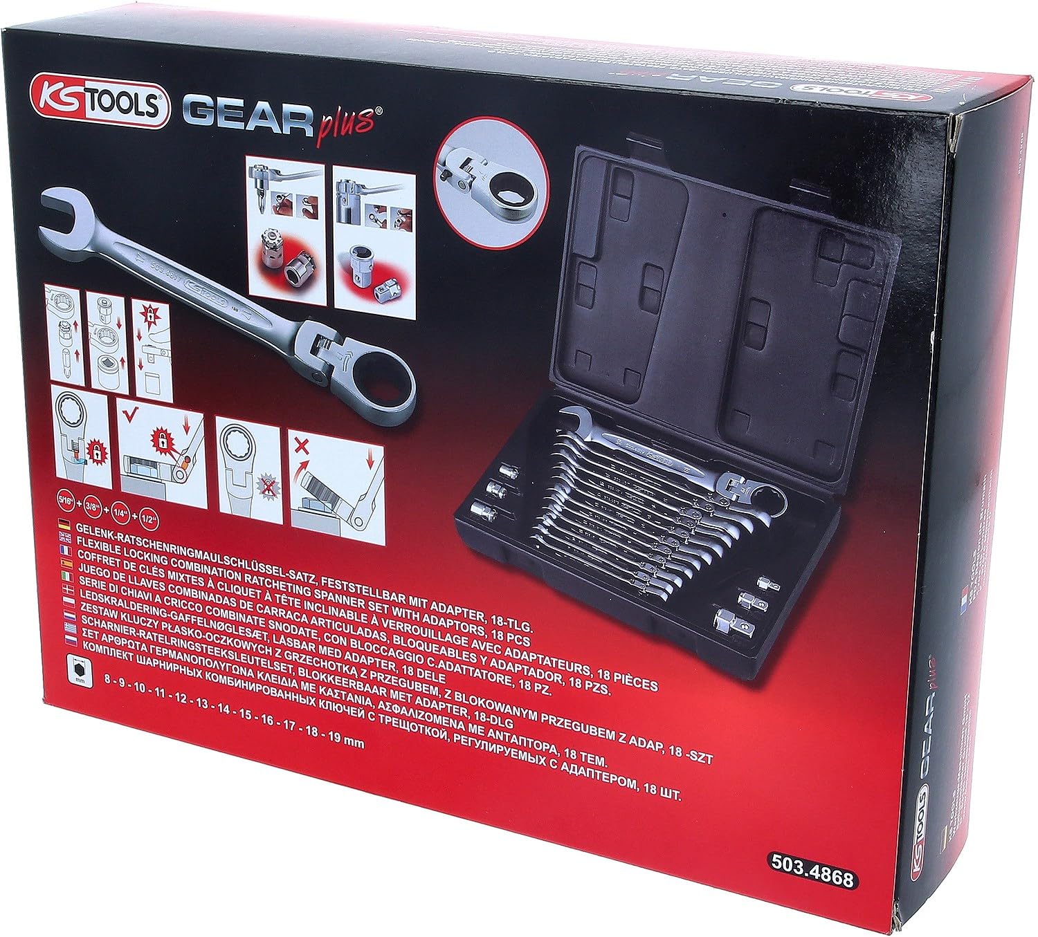KS Tools 503.4868 Serie di Chiavi a Cricco Combinate Snodate Gearplus, con Bloccaggio, 18 Pezzi, 8-19 mm, con Adattatore