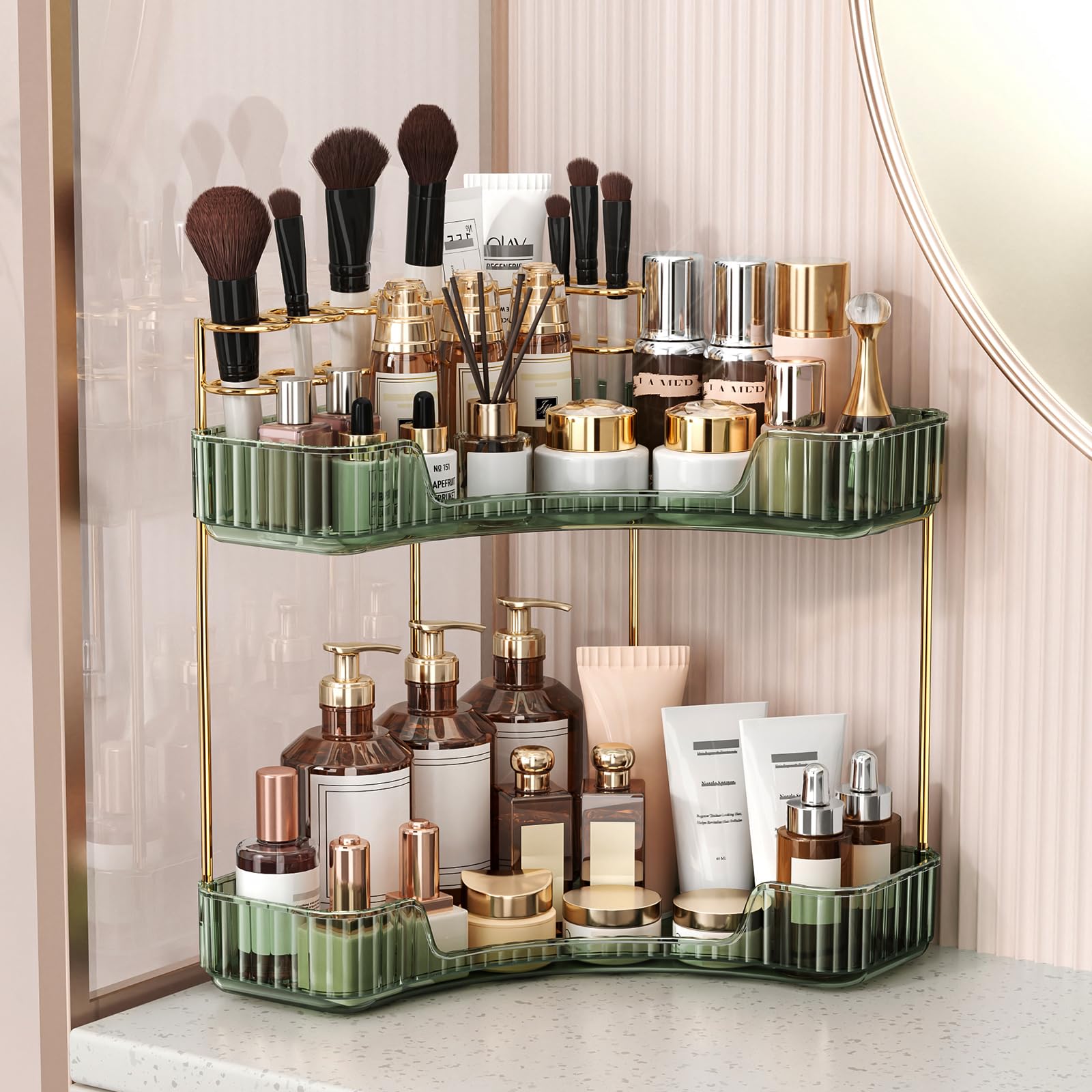 BEFSOP Corner Bathroom Counter Organizer, Upgraded 2-Tier Makeup Organizer Countertop with Makeup Brush Holder, Skincare Exquisite Vanity Organizers Countertop Bathroom Storage Dresser(Green)-image-9