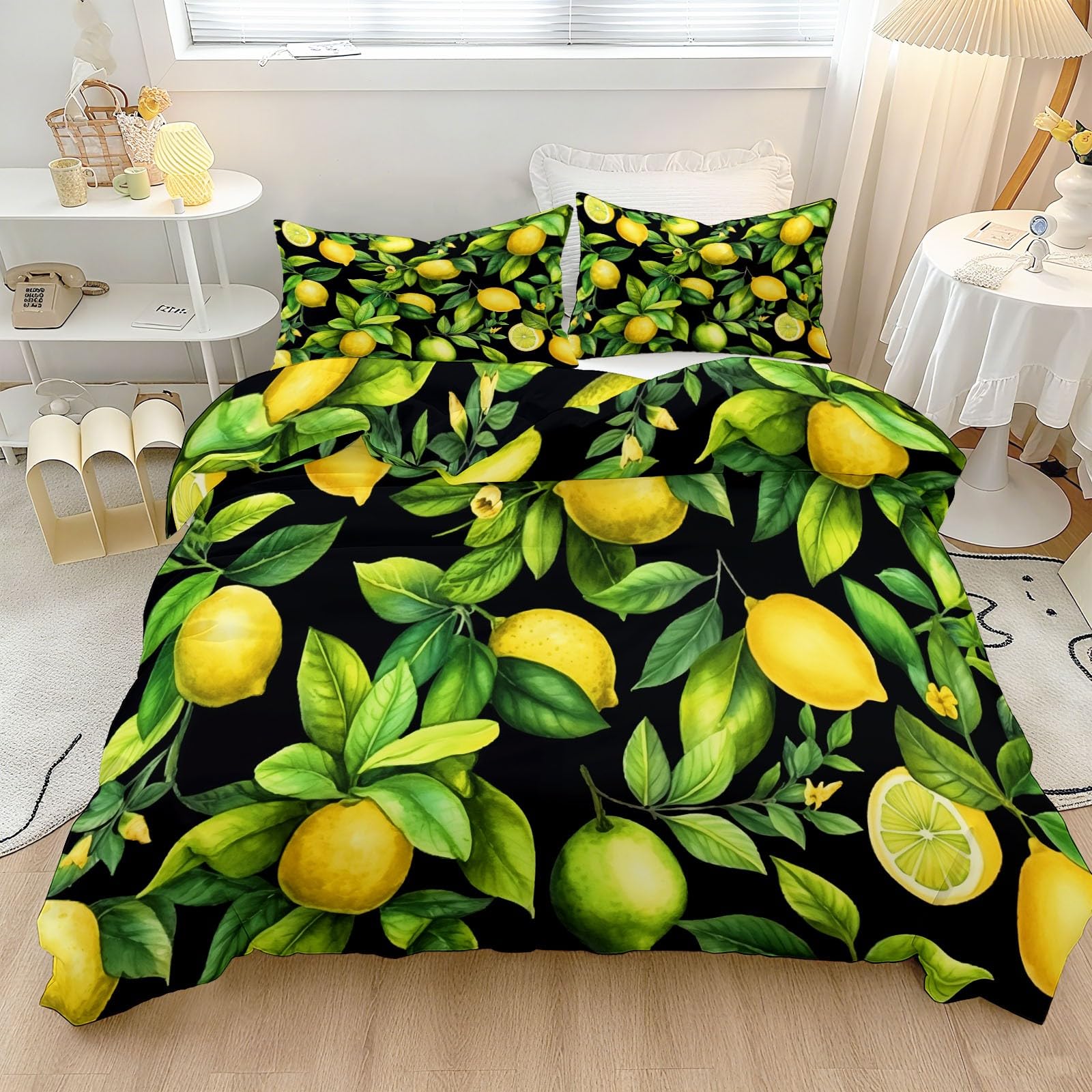 Housse de couette 200 x 200 cm imprimé citron vert parure lit 2 personnes microfibre