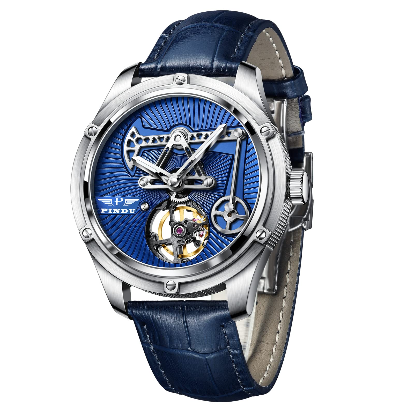 PINDU Automatic Watches for Men, Self-Designed and Modified 8215 Movement Oil Well Digging Design 50M Waterproof Analogue Watches Mens Unique Cool Mechanical Watch, Blue Dial Silver Leather Strap, (B0BYHR71JK) Amazon Price History, Amazon Price Tracker