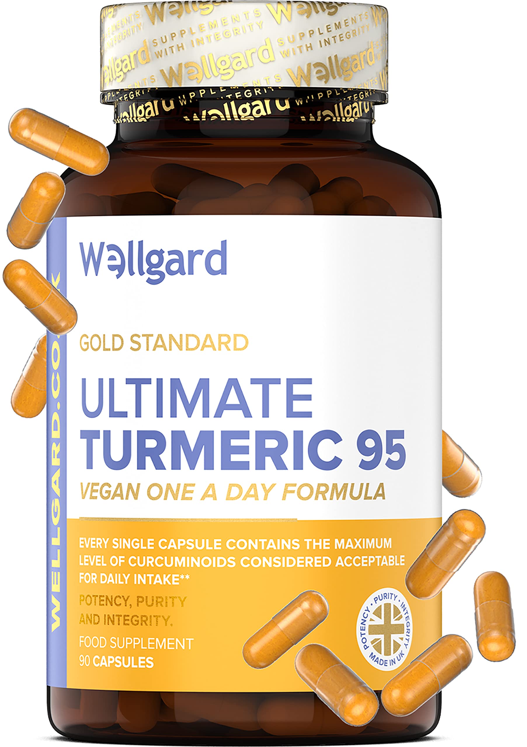 WellgardUltimate Vegan Turmeric 95, Curcuminoids - Turmeric Capsules with Maximum Level of Curcuminoids Considered Acceptable by EFSA, Free from Magnesium Stearate & Silicon Dioxide, Made in UK