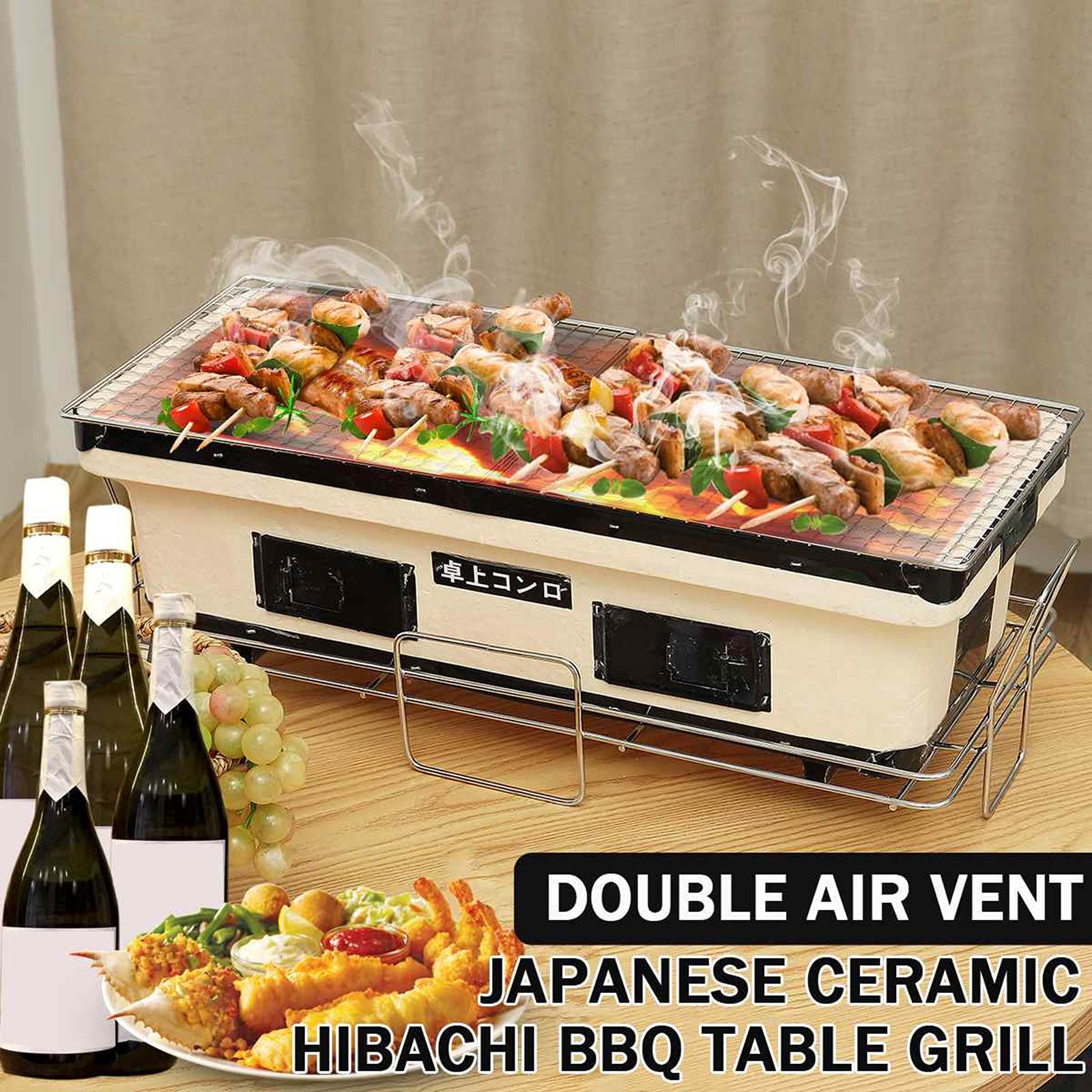 TIM-LI Griglia Giapponese in Argilla Ceramica, Griglia da Tavolo/Griglia A Carbone Rettangolare Yakatori con Pinze per Alimenti per Cortile, Cucina All'aperto, Campeggio