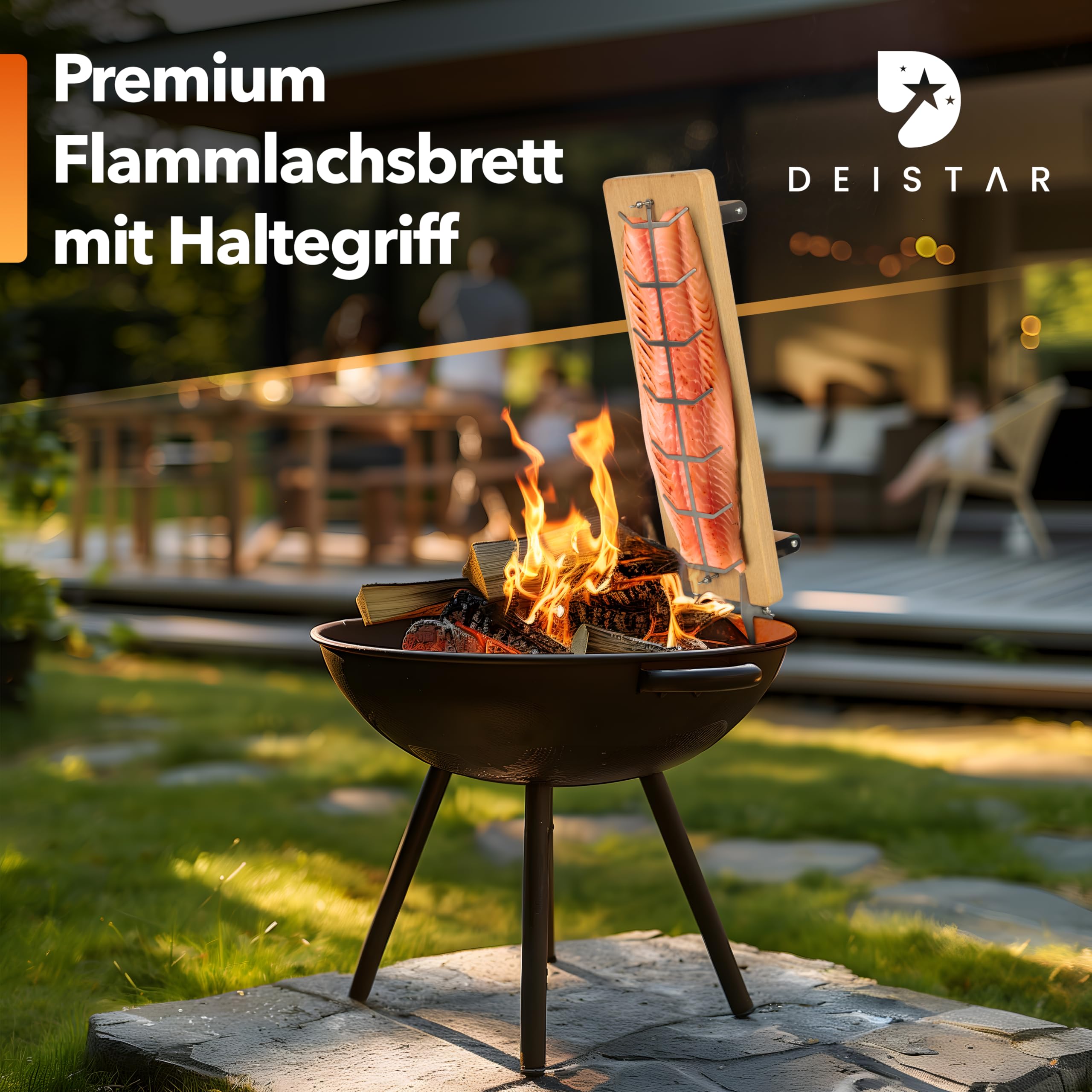 Flammlachsbrett mit Halterung 100% Buchenholz – Edelstahl Halter – 55 cm – Grillbrett für Flammlachs BBQ