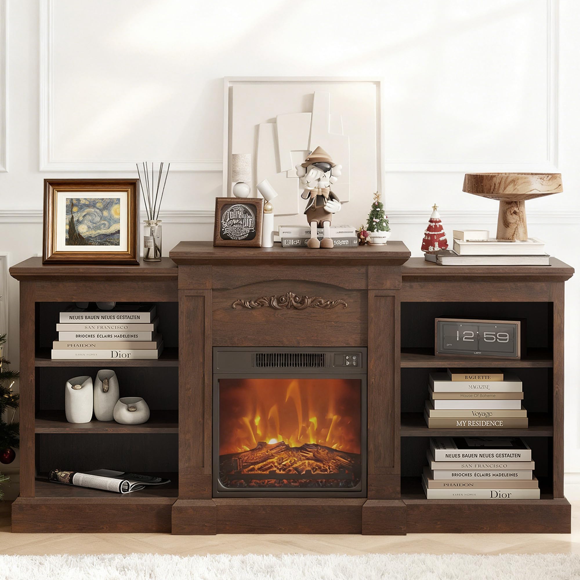 Condition photo showing New/Like New for 68" Fireplace TV Stand with Mantel and 3D Simulated Flame Effect, Electric Fireplace with Overheating Protection and Timer, Fireplace Stand with for Living Room, 1400W