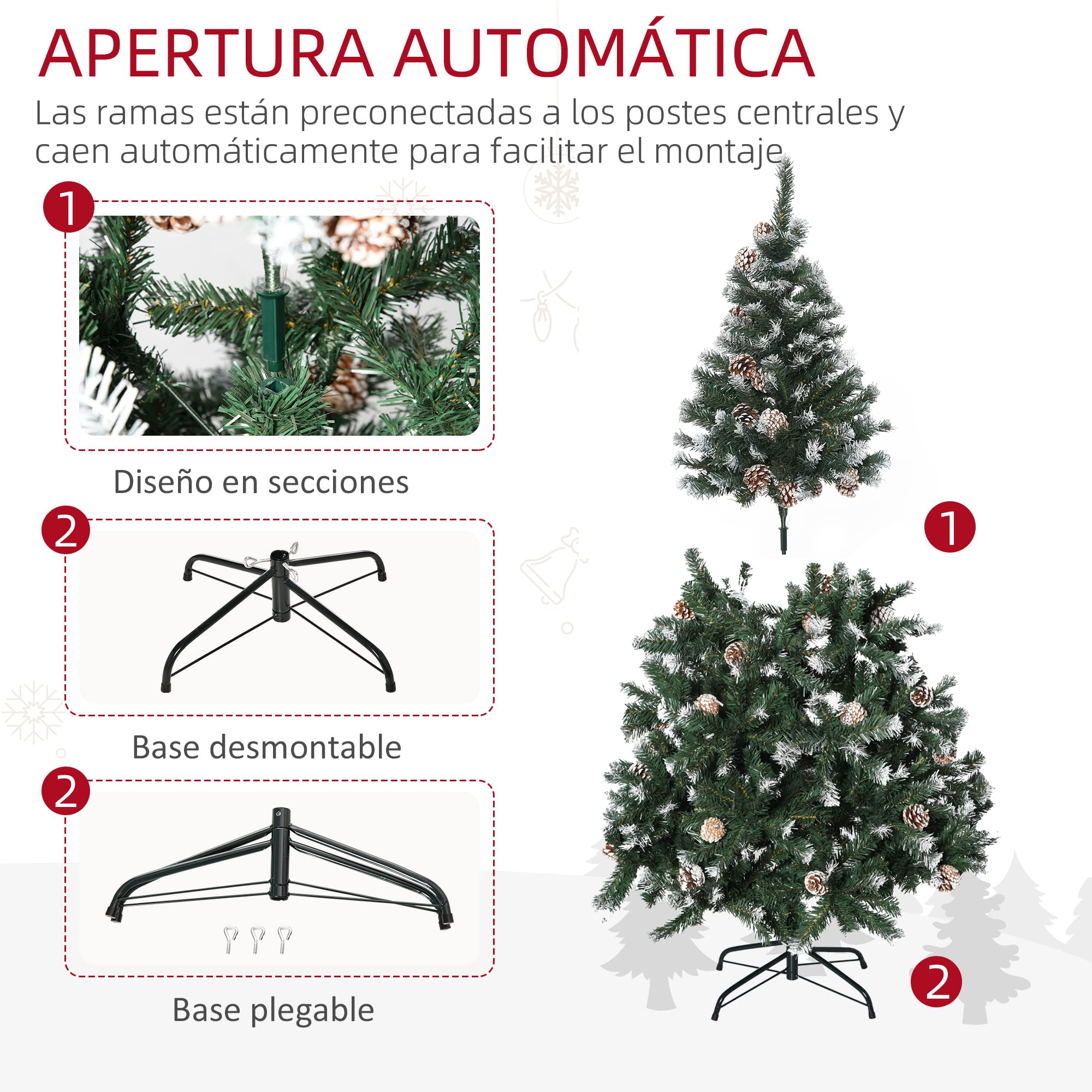 HOMCOM Árbol de Navidad Artificial 150 cm con Nieve con 676 Ramas 41 Piñas Hojas de Plástico Apertura Automática Base de Soporte Metálica y Plegable Decoración Navideña para Interiores Verde