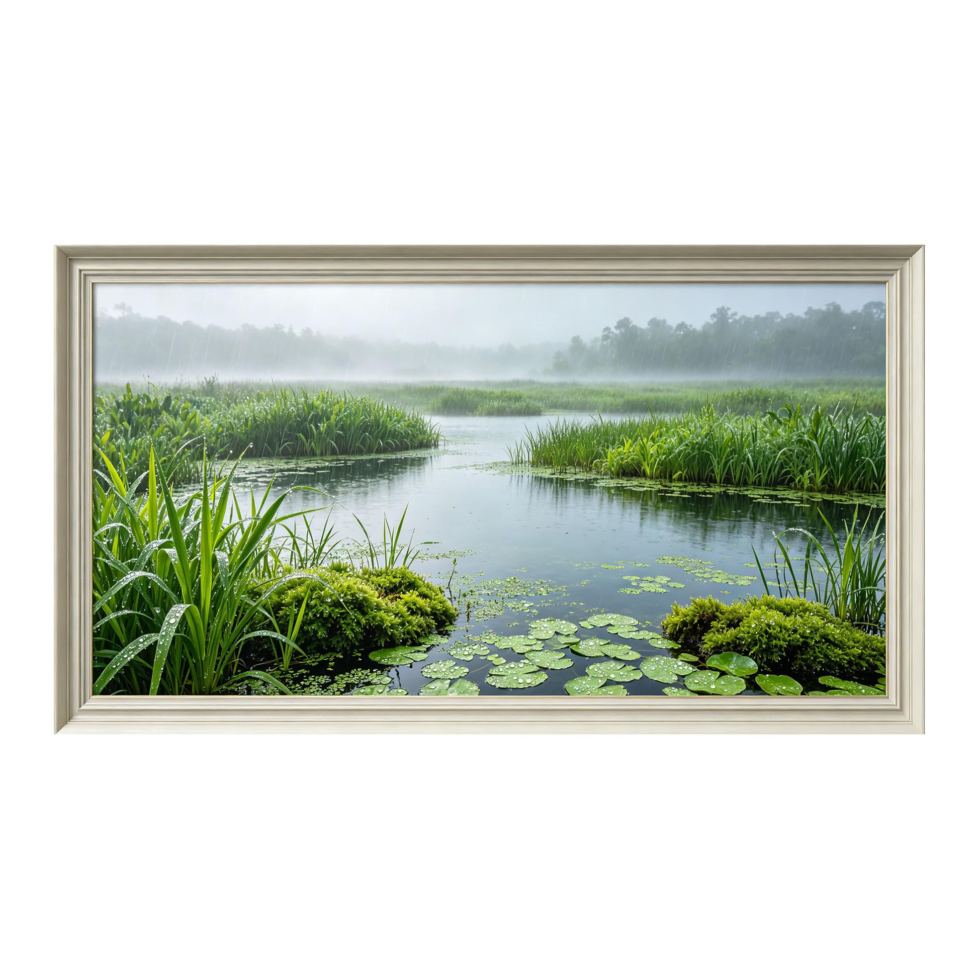 Yzpallescene 3D Framed Wall Art 50cm×100cm Rainy Misty Lake Botanical Landscape Realistic Water Lily Pond Large Size SelfAdhesive Removable Wall Decor Prints Artwork for Living Room Bedroom Office