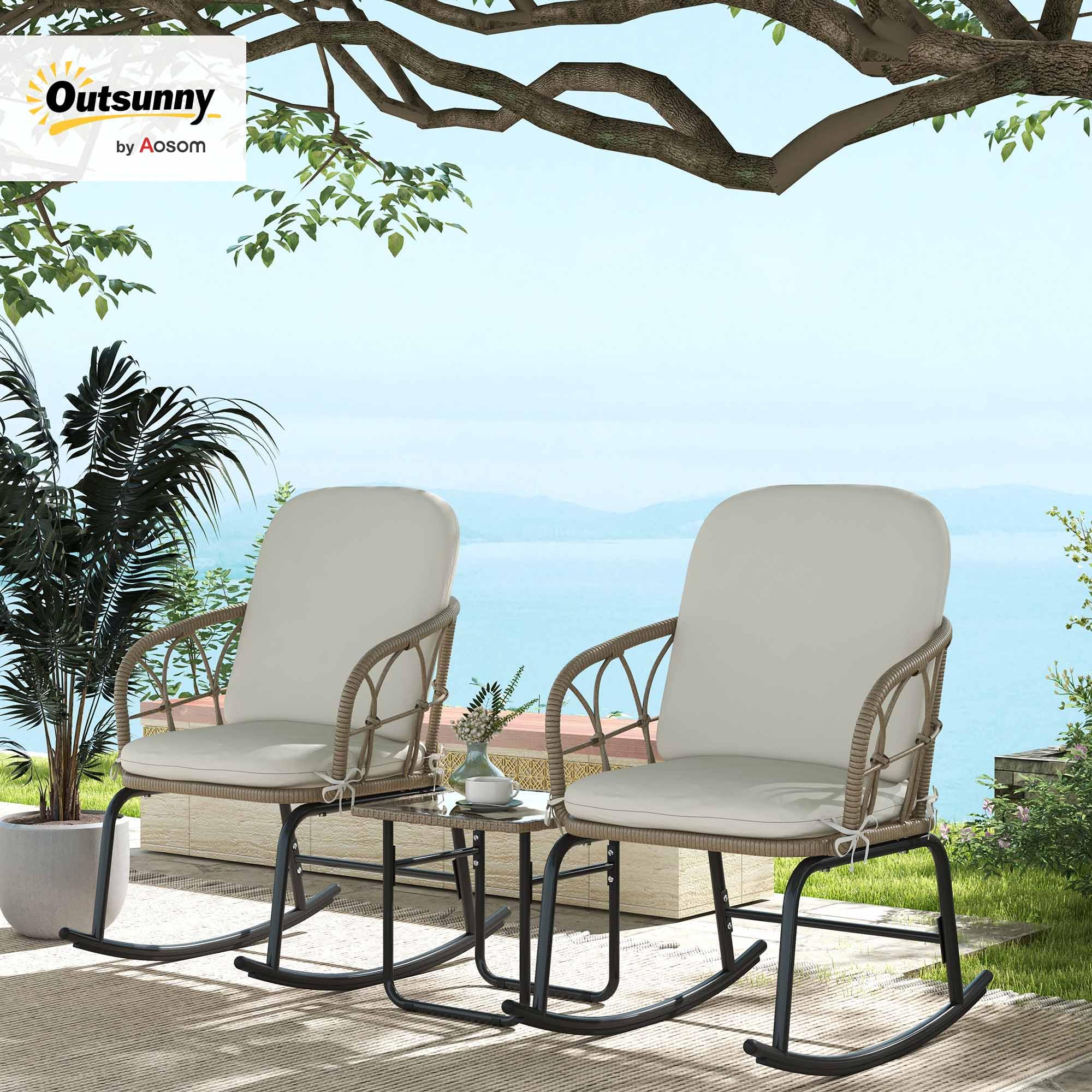 Outsunny Conjunto de Muebles de Ratán de 3 Piezas Conjunto de Mecedoras de Jardín con 1 Mesa de Centro 2 Mecedoras y Cojines para Jardín Terraza Patio Crema y Beige