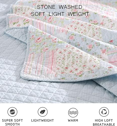 Miniatura 4 de Chezmoi Collection Holly - Juego de edredón de algodón con estampado de retazos de 3 piezas, diseño floral de caramelo y lunares, colcha ligera