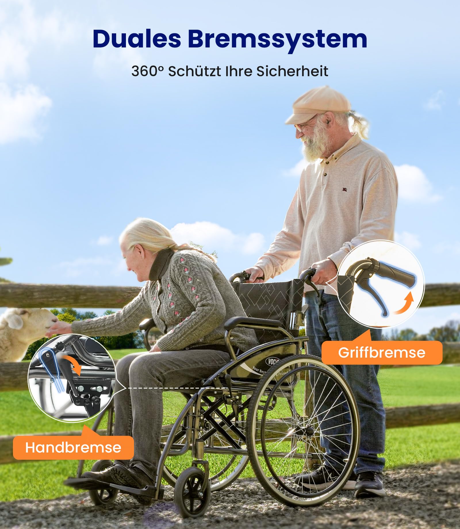 VOCIC Rollstuhl faltbar leicht bis 150KG,17KG Faltbarer Outdoor Rollstuhl,Doppelbremsen Transportrollstuhl klappbar mit Selbstantrieb für Erwachsene,Pannensicher Reifen