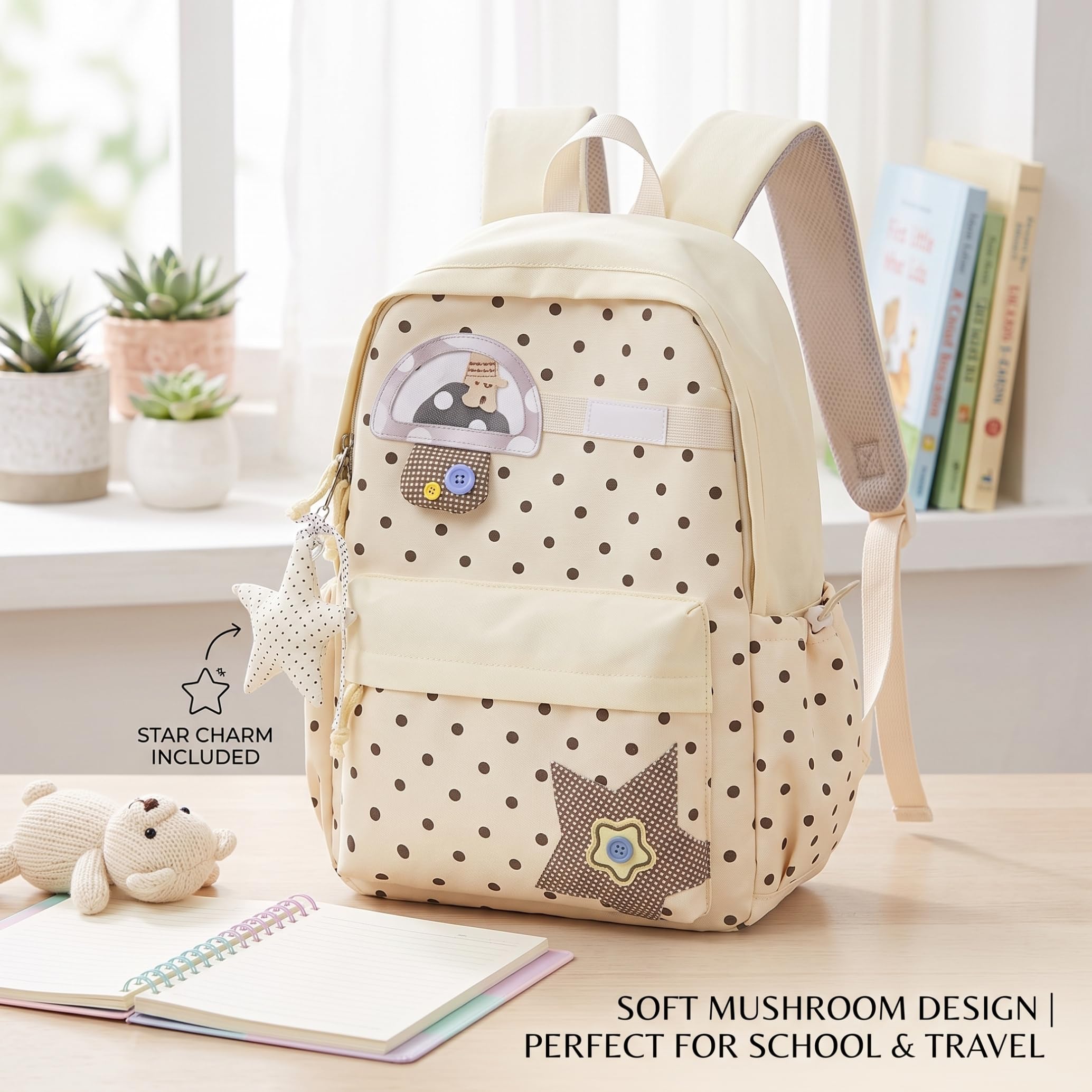 Zaino a pois Zaino da bambina di capacità con ciondolo a forma di stella, Beige