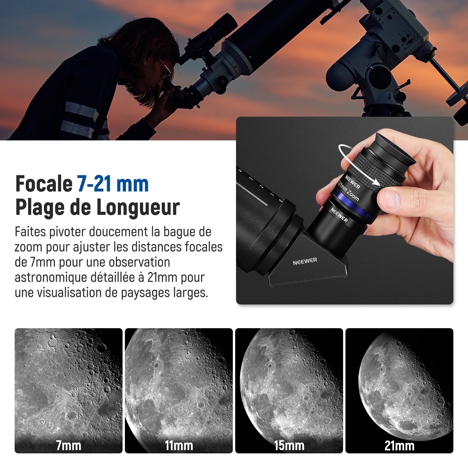 NEEWER Oculaire de Télescope Zoom avec Plage Focale de 7 à 21mm,Champ de Vision de 40°à 57°,Dégagement Oculaire de 15mm,5 éléments en 3 Groupes pour Télescope Astronomique avec Baril 1,25 Pouce,LS-T22
