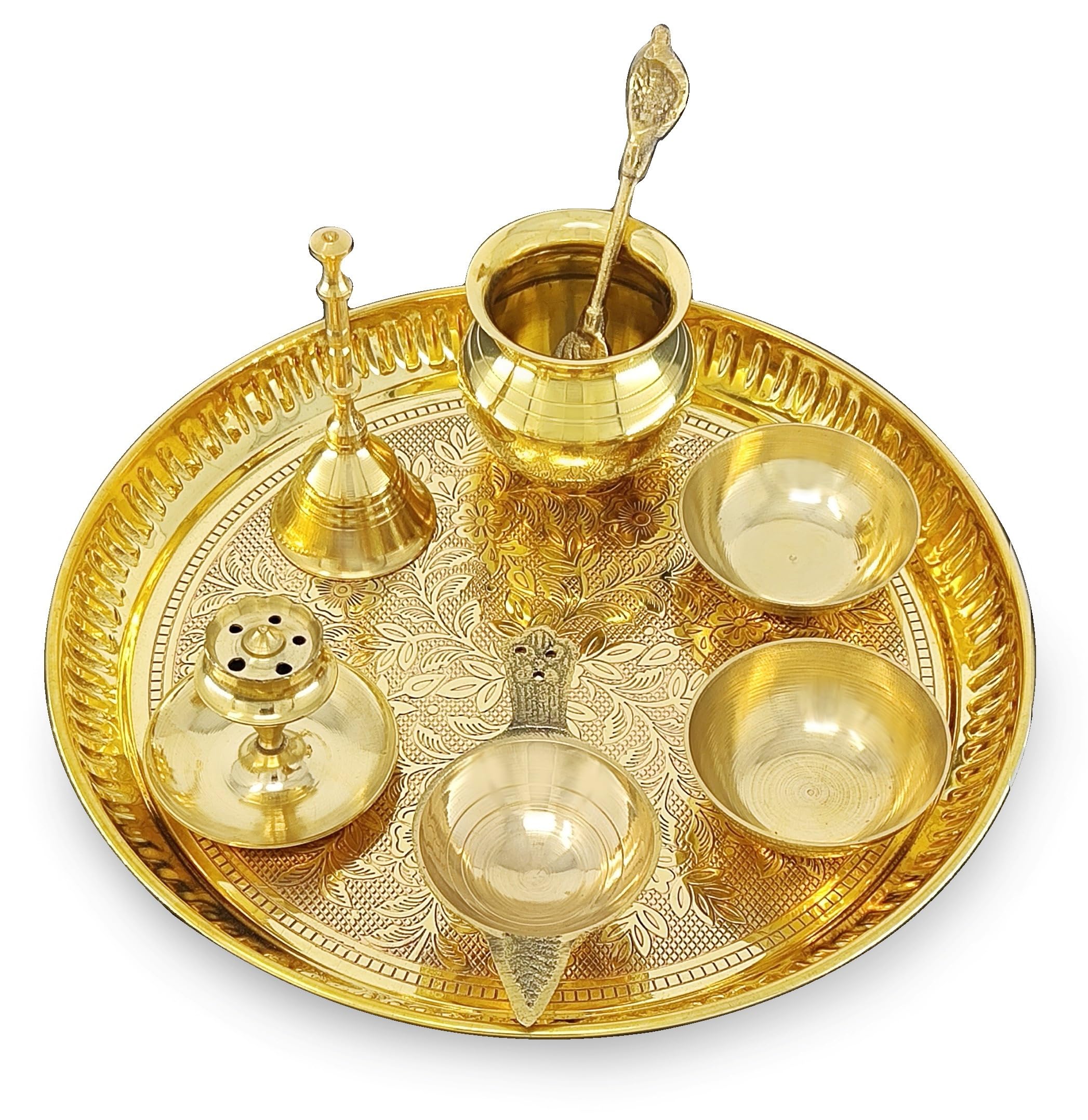 BENGALEN Set Puja Thali in ottone da 20,3 cm Pooja Thali con piatto design Pital Kalash Chandan Wati Dhup Dan Diya Ghanti Palli Arti Thali per Diwali Home Office Mandir Articoli regalo di ritorno di