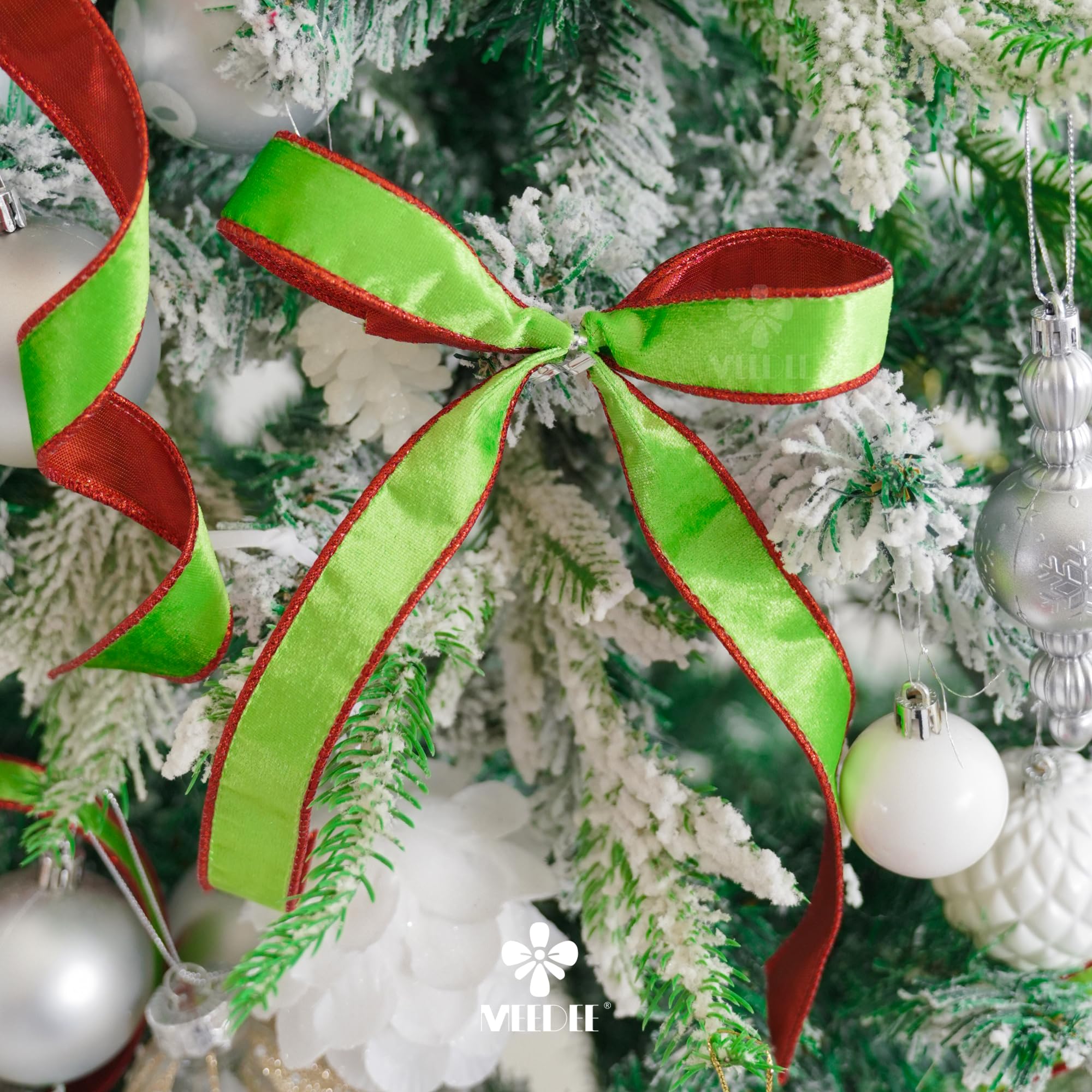 MEEDEE Cinta de Navidad de terciopelo verde lima y rojo de 1 pulgada, cinta de terciopelo fino con alambre, carrete de 25 yardas, cinta Farrislk de dos tonos, cinta roja y verde para árbol de Navidad,