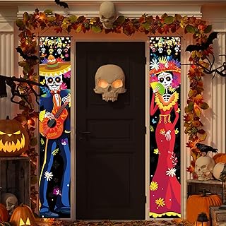 2PCS Day of The Dead Decorations, Dia De Muertos Decor Banner Mexican Dia De Los Muertos Porch Sign Decor Welcome Hanging Door Banner Mexican Party Decorations Outdoor Indoor 12 x 75 Inch
