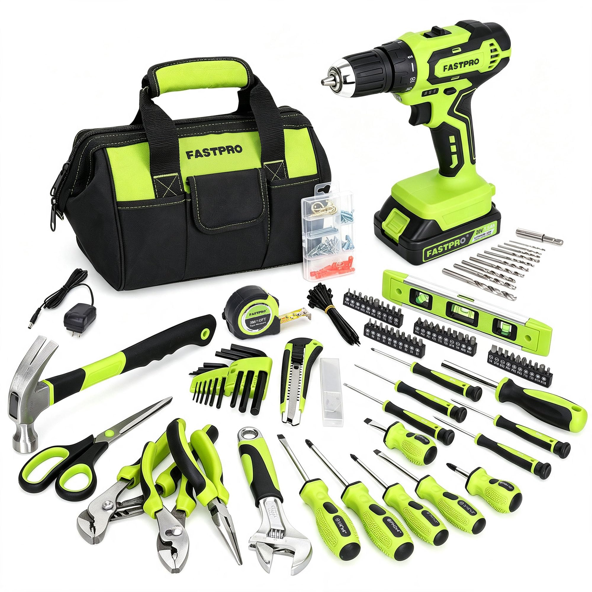 FASTPRO Home Tool Set with Drill, Household Repairing Tool Kit, Green