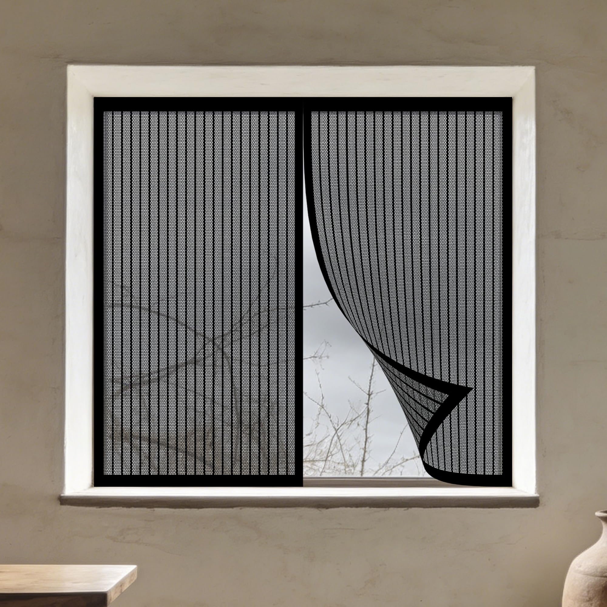 Window Fly Screen 135 x 165 cm with Selfadhesive DIY Window Bug Screen Kit Mosquito with Installation Accessories for Living Room Bedroom Offfice, Black