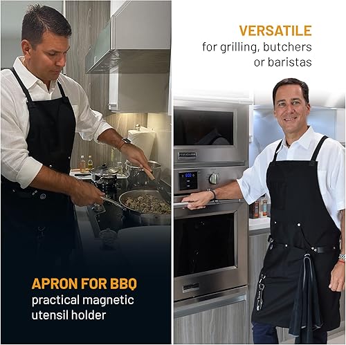Miniatura 7 de GRILLNOVATIONS Delantal de chef de cocina para hombres y mujeres con bolsillos, profesional, hecho para cocinar, servidores, barbacoa, parrilla