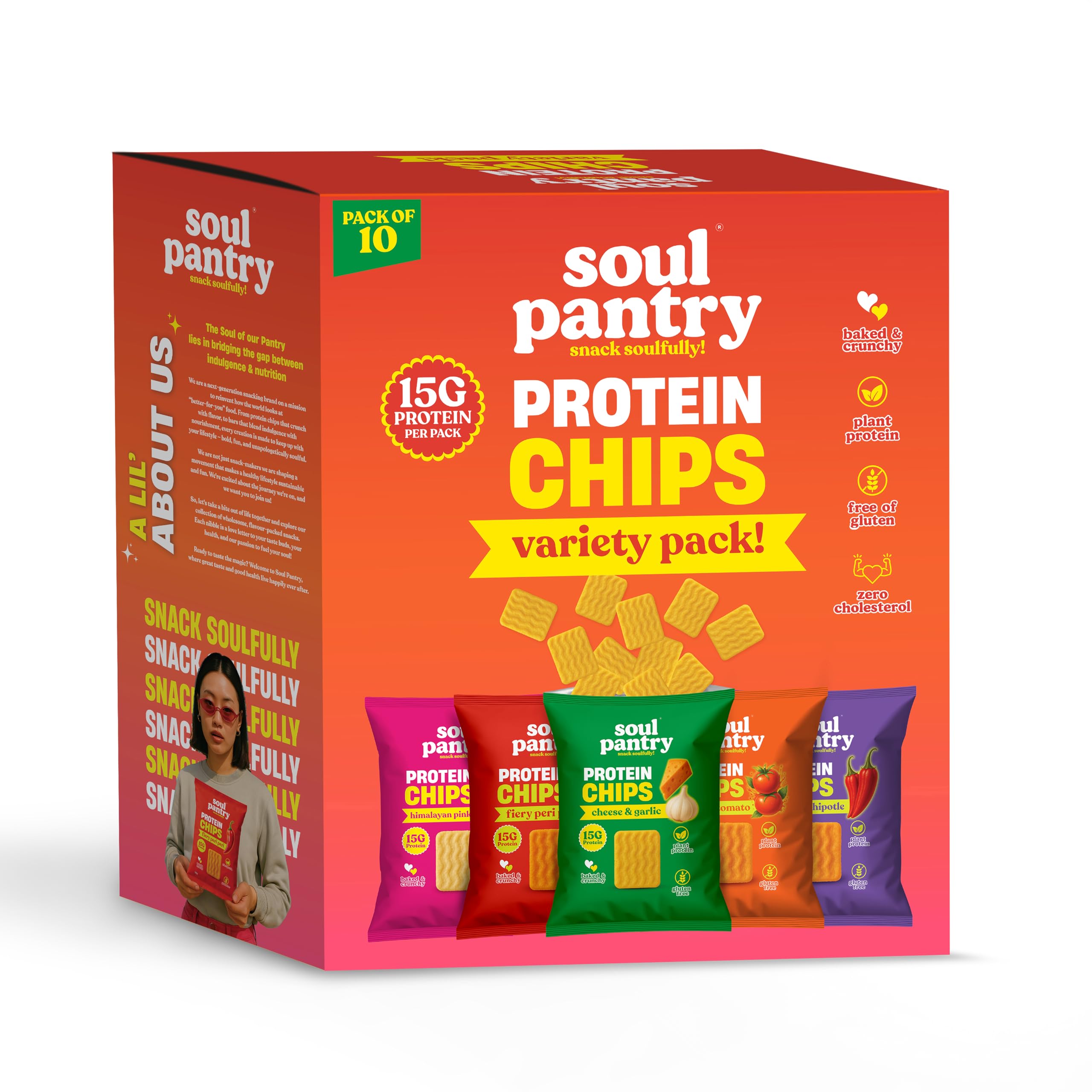 Protein Chips Variety Box, 10 Packs - 150g Protein, Keto Snacks, Gluten Free, Baked Chips Smokey Chipotle, Tuscan Tomato, Peri Peri, Cheese & Garlic, Himalayan Pink Salt. Healthy Snacks & Gluten Free