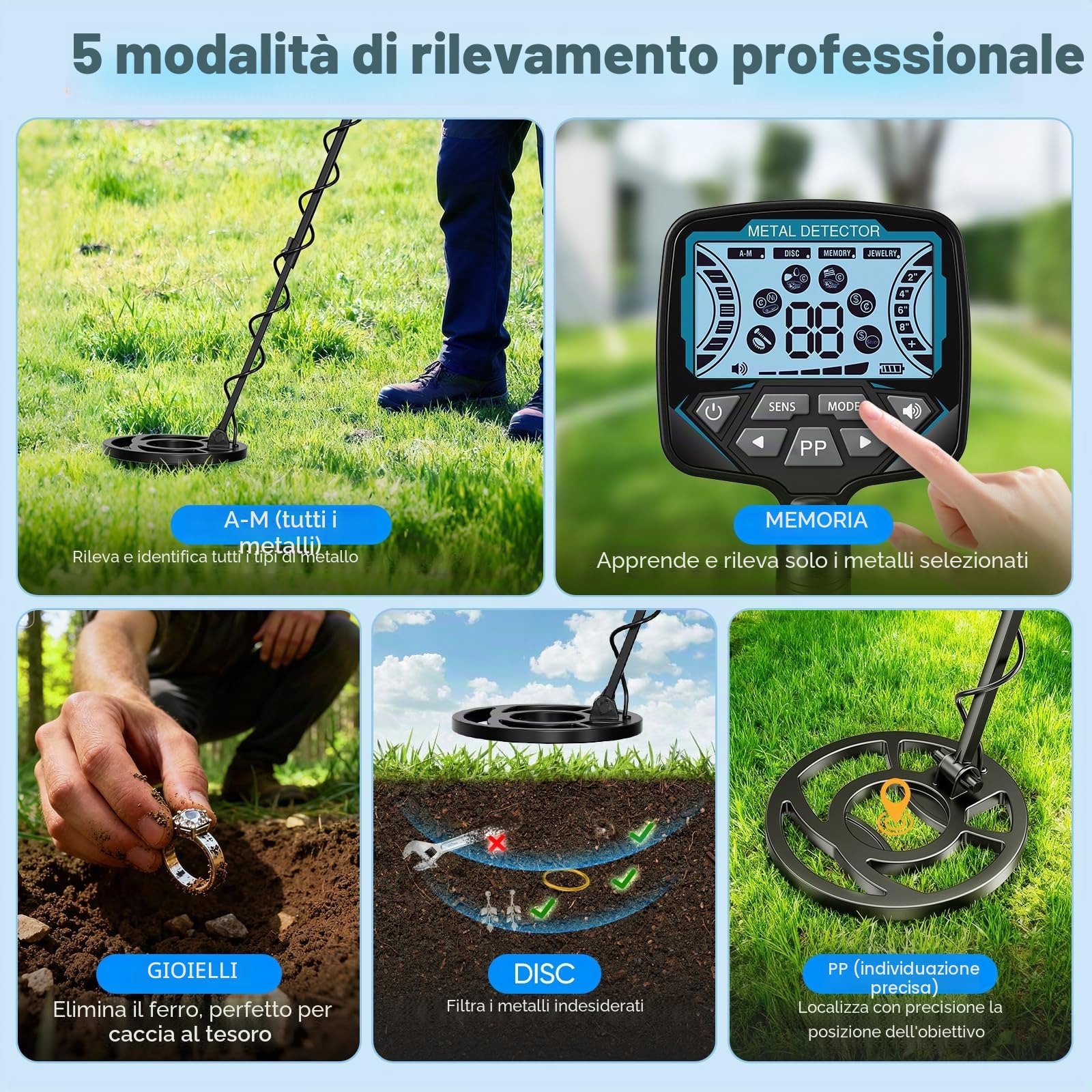 Metal detector Professionale, 5 modalità Gold Detector per adulti e bambini, IP68 impermeabile 26 cm bobina di ricerca con display LCD, alta sensibilità