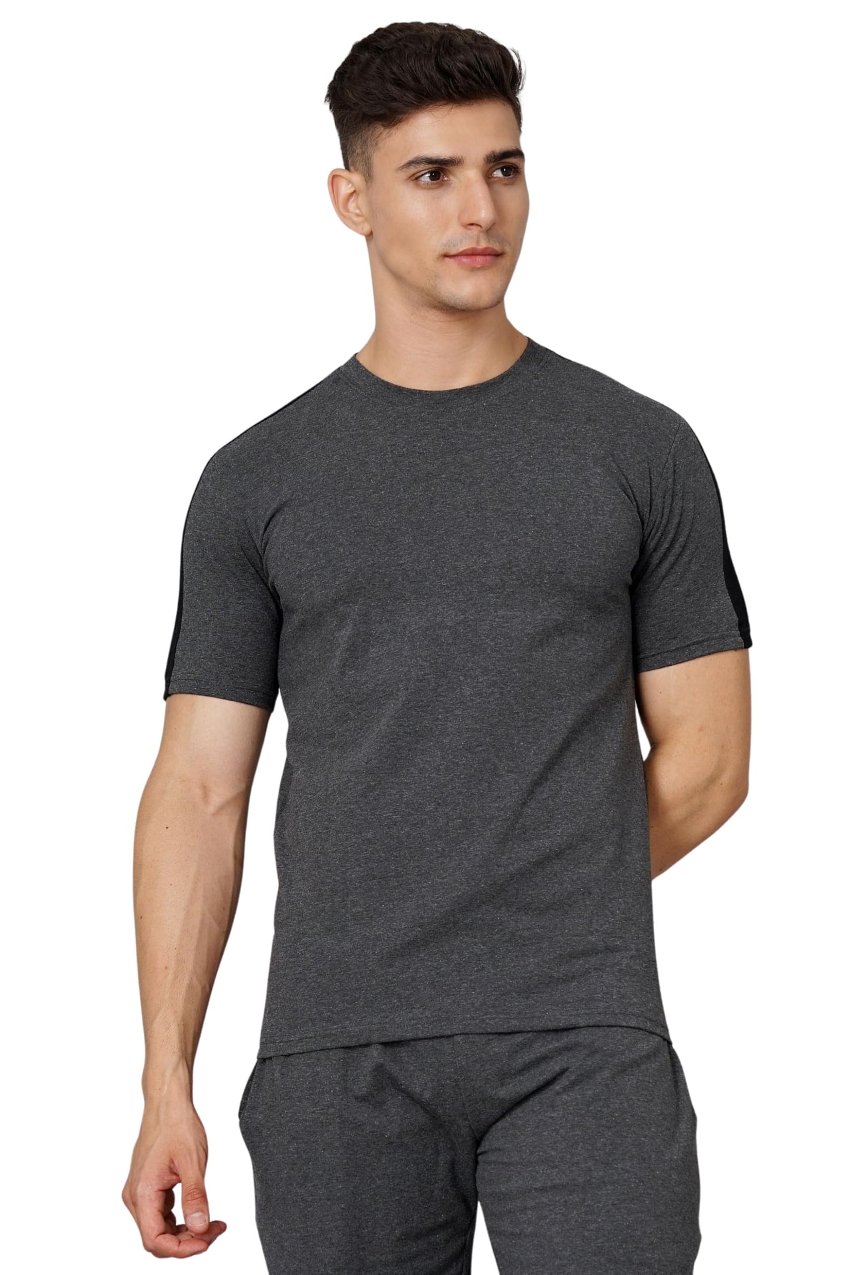 Men’s Solid Co-Ord Set – Slim Fit T-Shirt & Shorts Combo | Breathable Cotton Blend Activewear | Casual Summer Gym & Lounge Wear Set Charcoal Melange-image-7