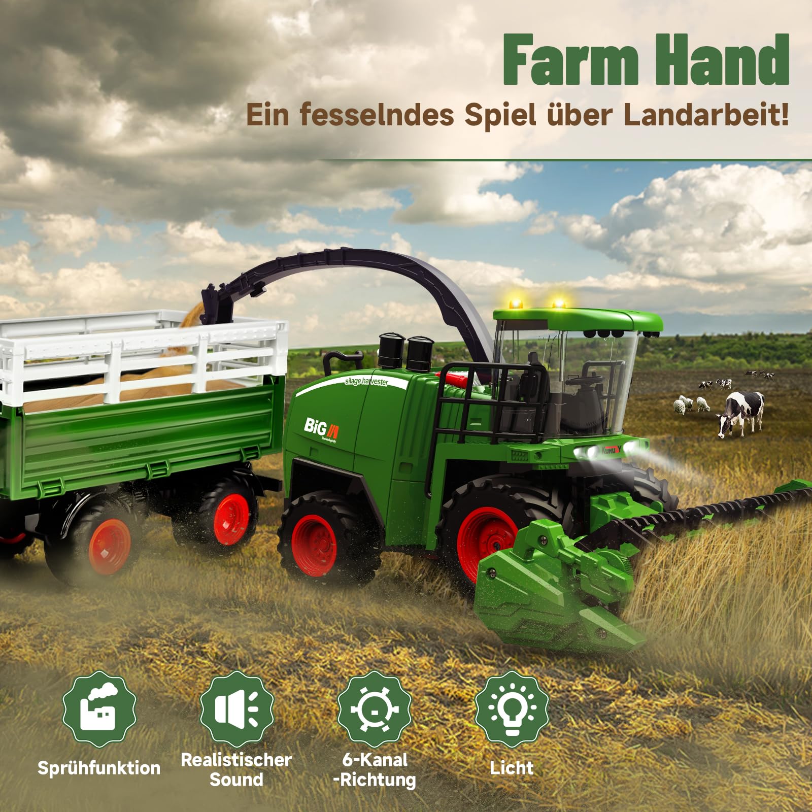 Ulikey RC Mähdrescher Spielzeug, Mähdrescher Ferngesteuert Groß, RC Traktor Spielzeug Kinder Rasenmaeher mit Anhänger, Sprühen, Licht und Ton, Harvester Bauernhof Fahrzeug Spielzeug ab 3 4 5 6 Jahre