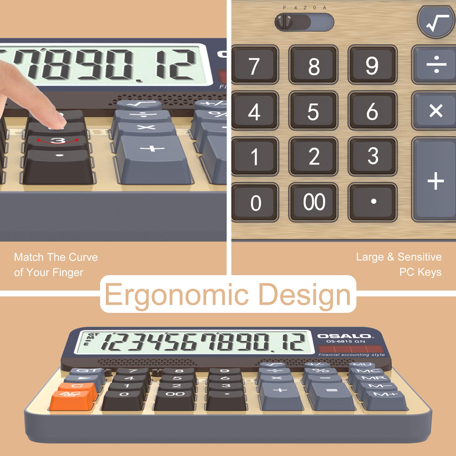 OSALO Desktop Calculator Large Display Big Buttons 12-Digit Calculator (OS-6815GN), Brown - Large Size - Image 4