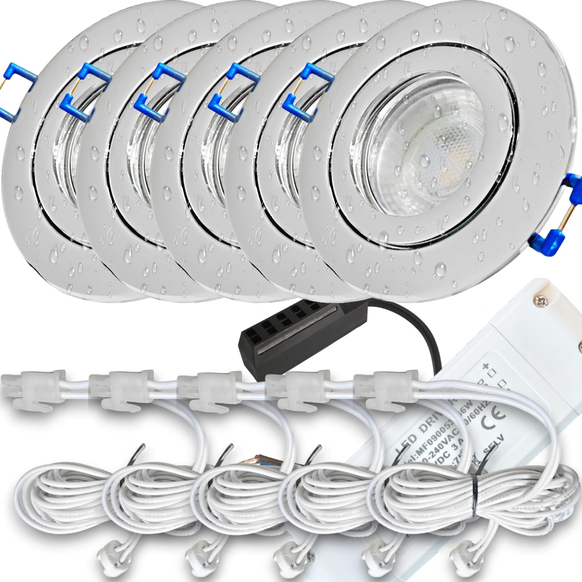 LED Einbauspots 5er Set – IP44 Feuchtraum geeignet, Chrom, 12V, 3W, 250 lm, Warmweiß – inkl. Trafo, AMP Kabel (120 cm) & 6-fach Verteiler – für Bad, Küche, Dusche & Außenbereich