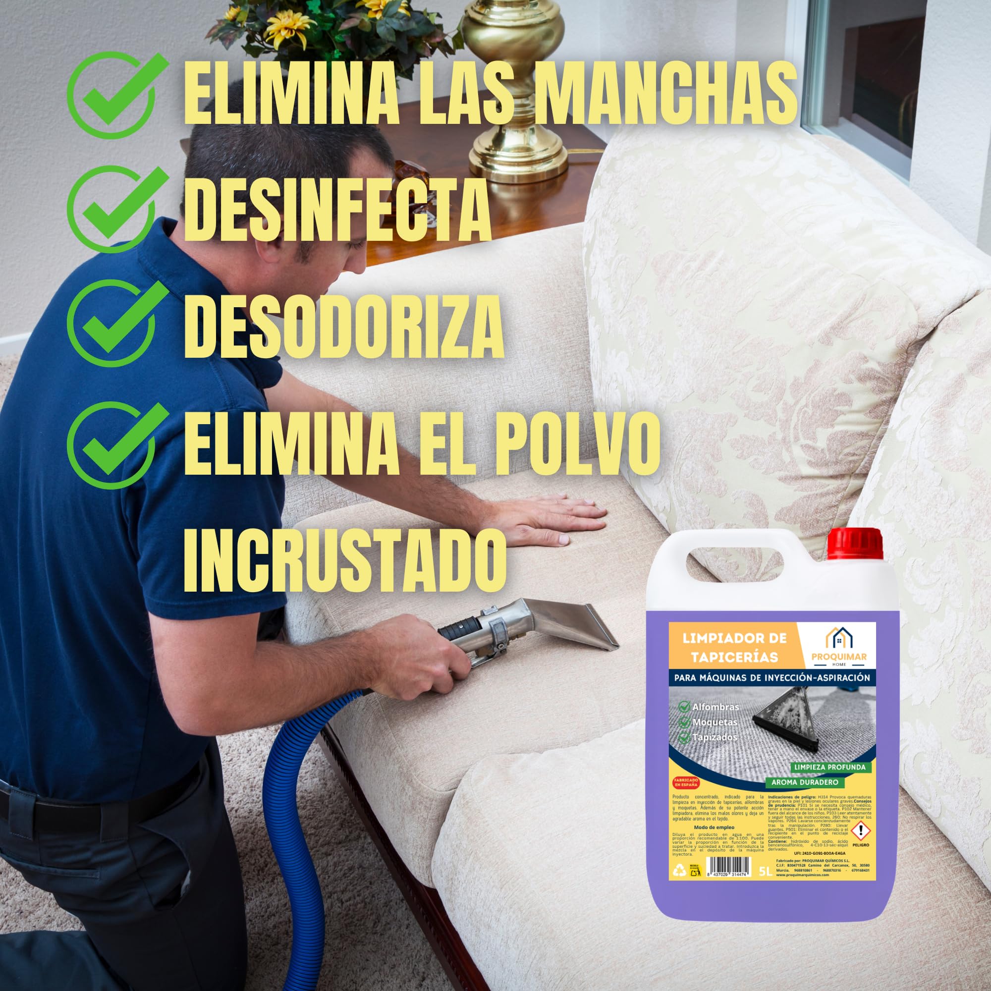 Pack de 2 Limpiador de Tapicerías para Máquinas de Inyección – Calidad Profesional – Elimina Manchas y Olores en Tapicerías, Sofás y Alfombras (5L+5L)
