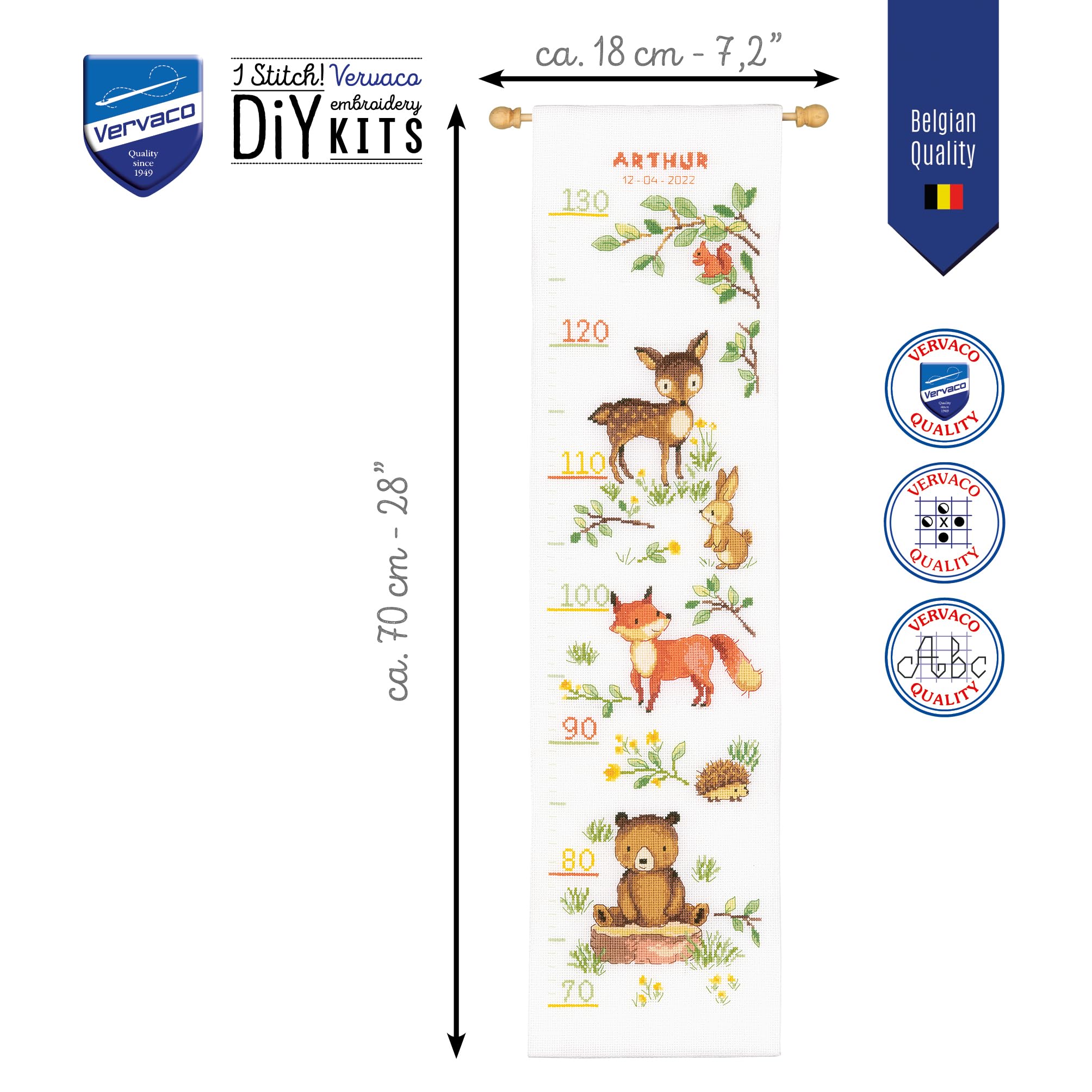 Kit Point De Croix Mesure De Taille Enfant Animaux De La Forêt - 18x70 Cm, Fil DMC, Toile Zweigart