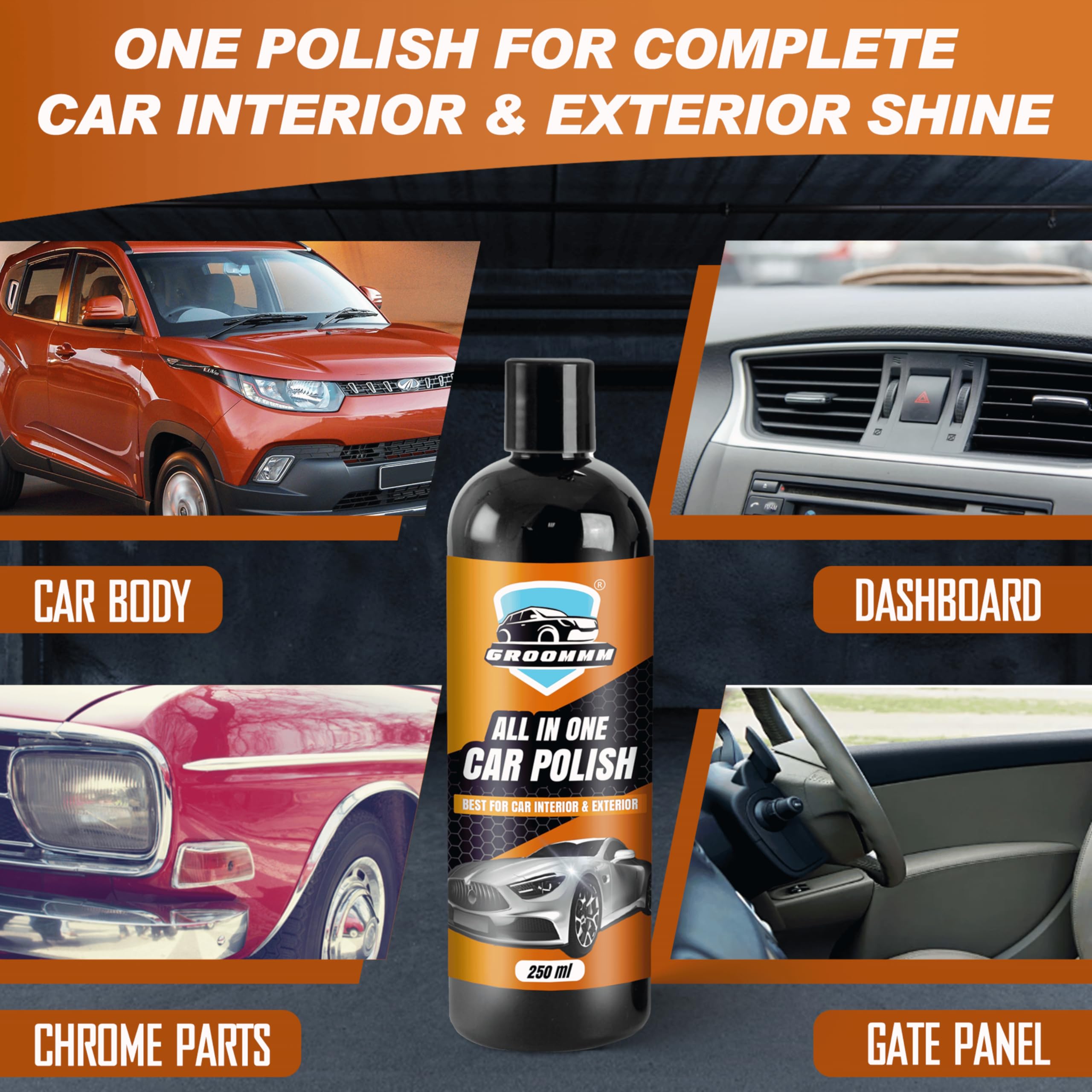 Groommm All In One Car Polish Kit 250ML For Exterior & Interior Surface | Suitable For All Metal, Plastic & Rubber Surface | All Paint Friendly Bike Polish For Shine | Tyre Polish & Car Wax | Pk Of 1