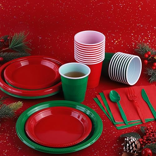 Miniatura 4 de Juego de vajilla desechable de 168 piezas de Navidad rojo y verde para fiestas, incluye platos de plástico de Navidad, tazas, cuchillos, tenedores,