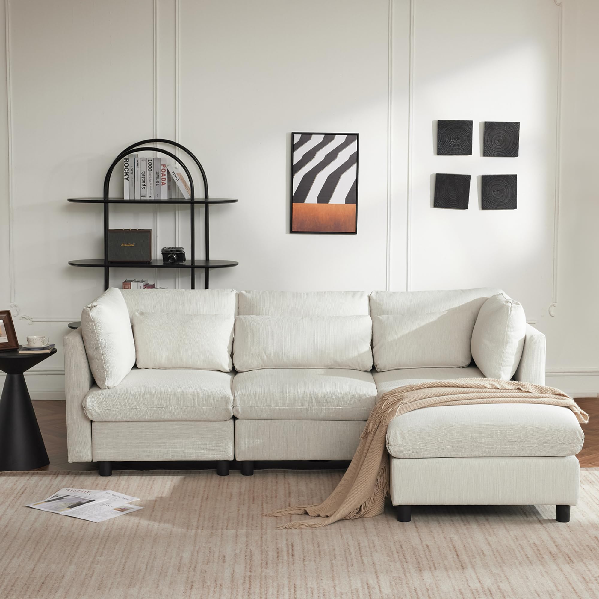 Divano 3 Posti Angolare a L con Poggiapiedi, Divano Soggiorno Salvaspazio (Beige)