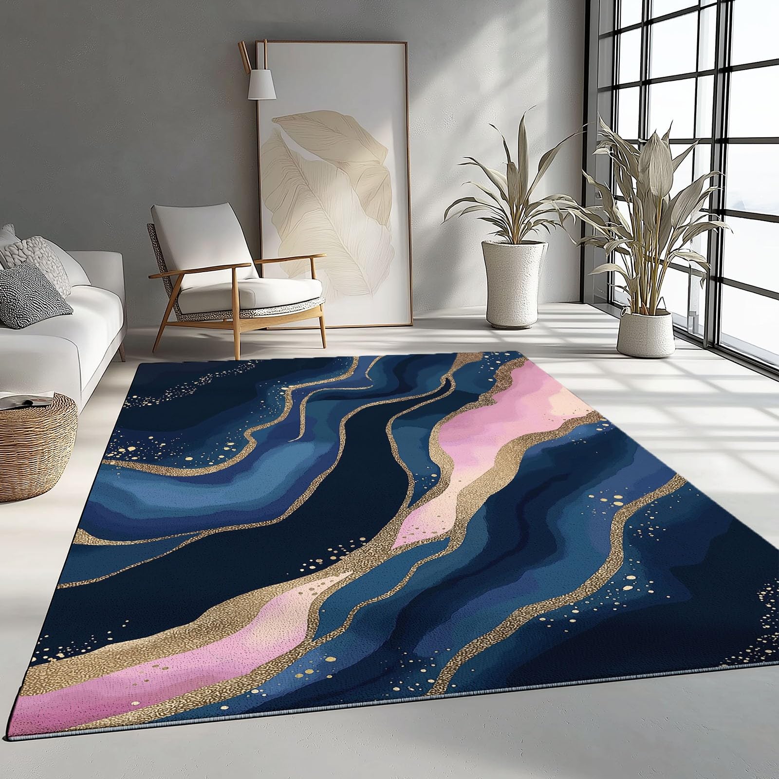 Tappeto 60 X 90 Cm Lusso Leggero Motivo Dorato Fluido, Tappeto In Flanella Pelo Corto Morbido – Lavabile In Lavatrice, Antiscivolo, Facile Da Pulire – Per Salotto, Camera Da Letto – Blu Rosa