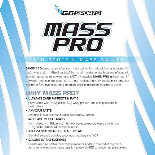 Miniatura 7 de G6 Sports Nutrition Mass Pro - Ganador de masa con alto contenido de proteínas (2.26 oz de proteína, aguacate en polvo, aceite de coco en polvo,