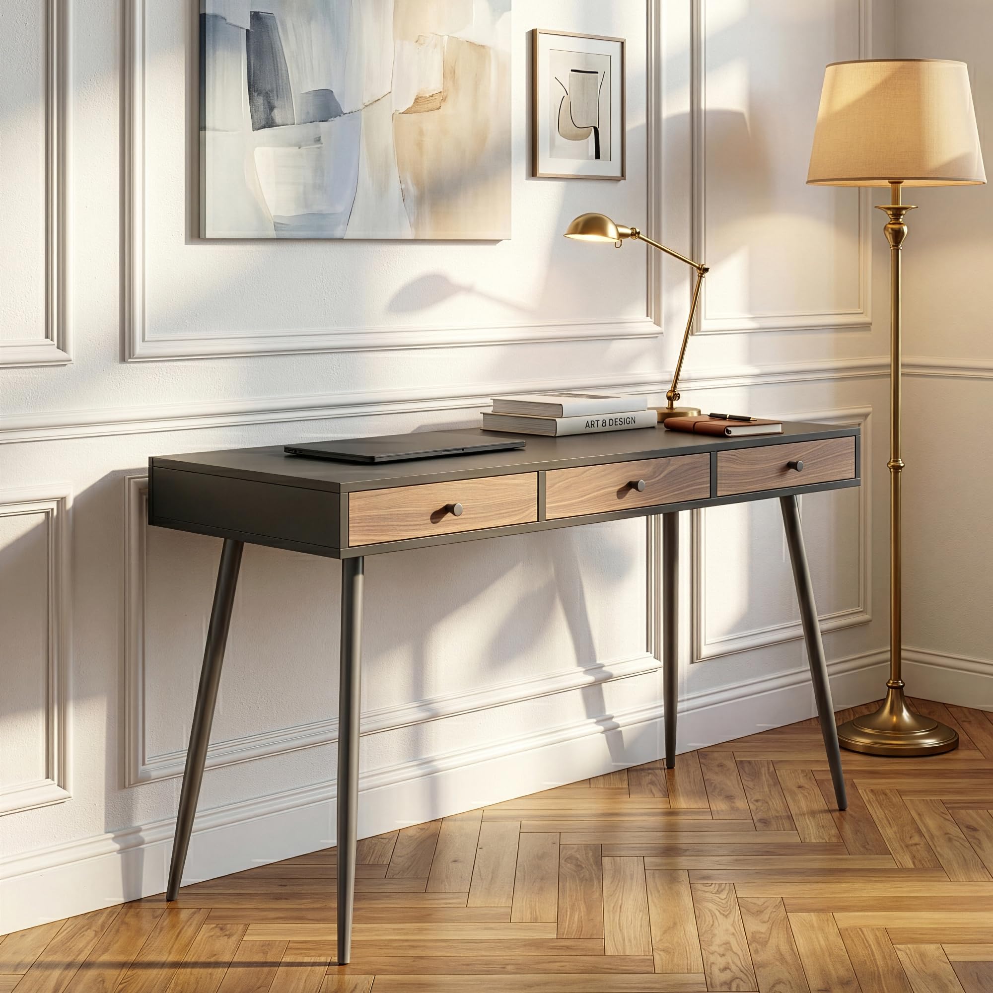 [en.casa] Bureau Tumba avec Grand Plateau Rectangulaire 3 Tiroirs Idéale pour Télétravail Table Design Moderne Intemporel Structure Stable 76 x 115 x 48 cm Noir Effet Noyer