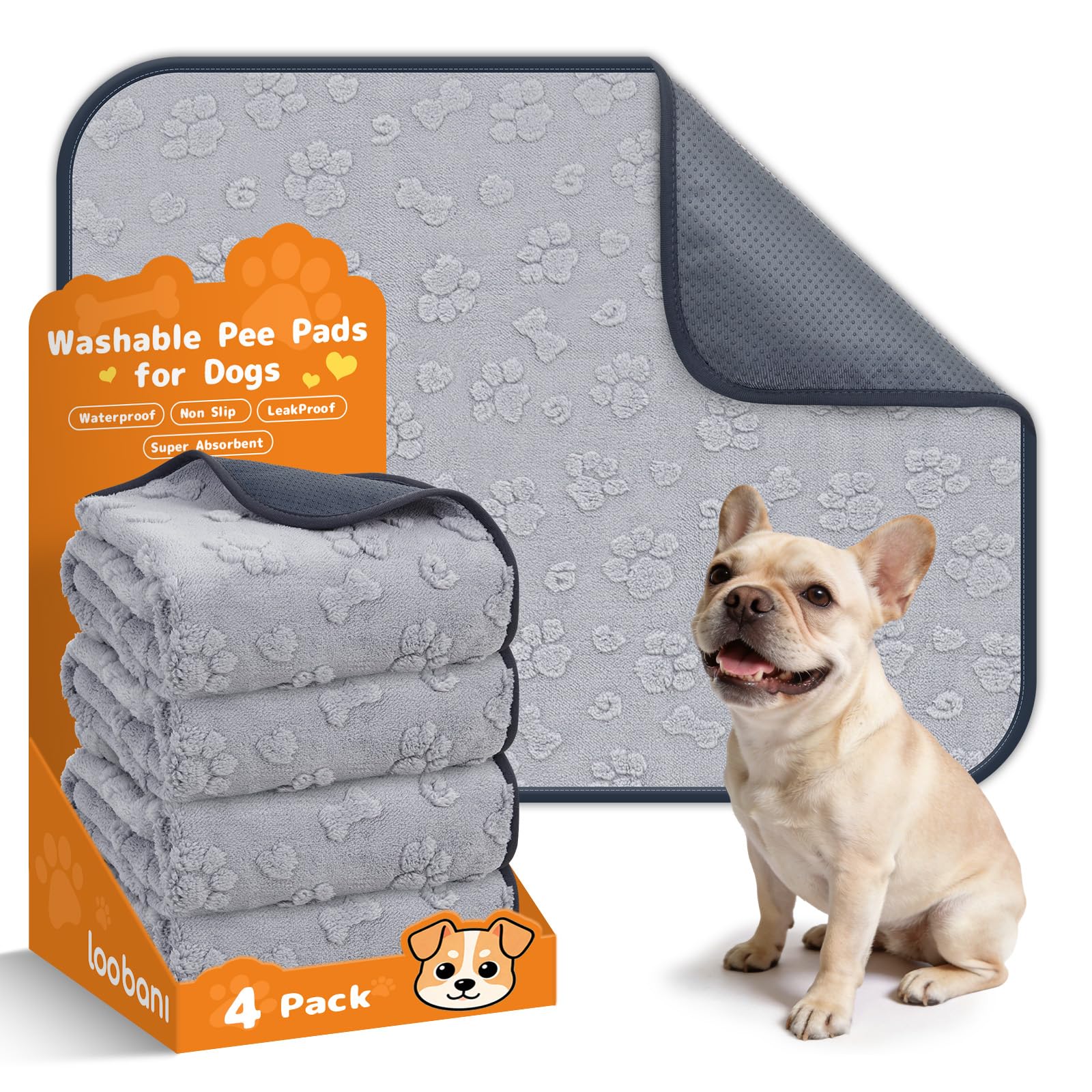 LOOBANI Washable Pee Pads for Dogs 30"x34", 4 Pack Reusable Dog Mat, Gray