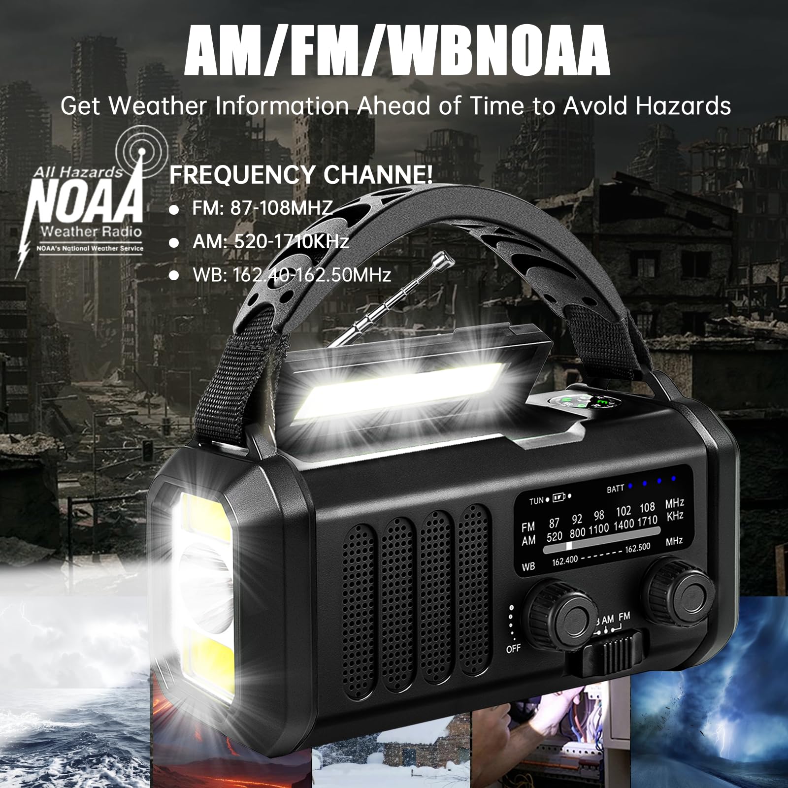 Radio météo d'urgence 20 000 mAh NOAA/AM/FM avec 74000 mWh USB/solaire/manivelle de charge, fonctionne avec piles, alarme SOS et lampe de poche pour les urgences d'intérieur/extérieur (noir)