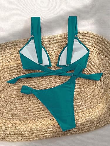 Miniatura 5 de QJQ - Conjunto de bikini de 2 piezas para mujer, con atrevida tanga brasileña, traje de baño con anillos de enlace en la espalda y estilo triángulo