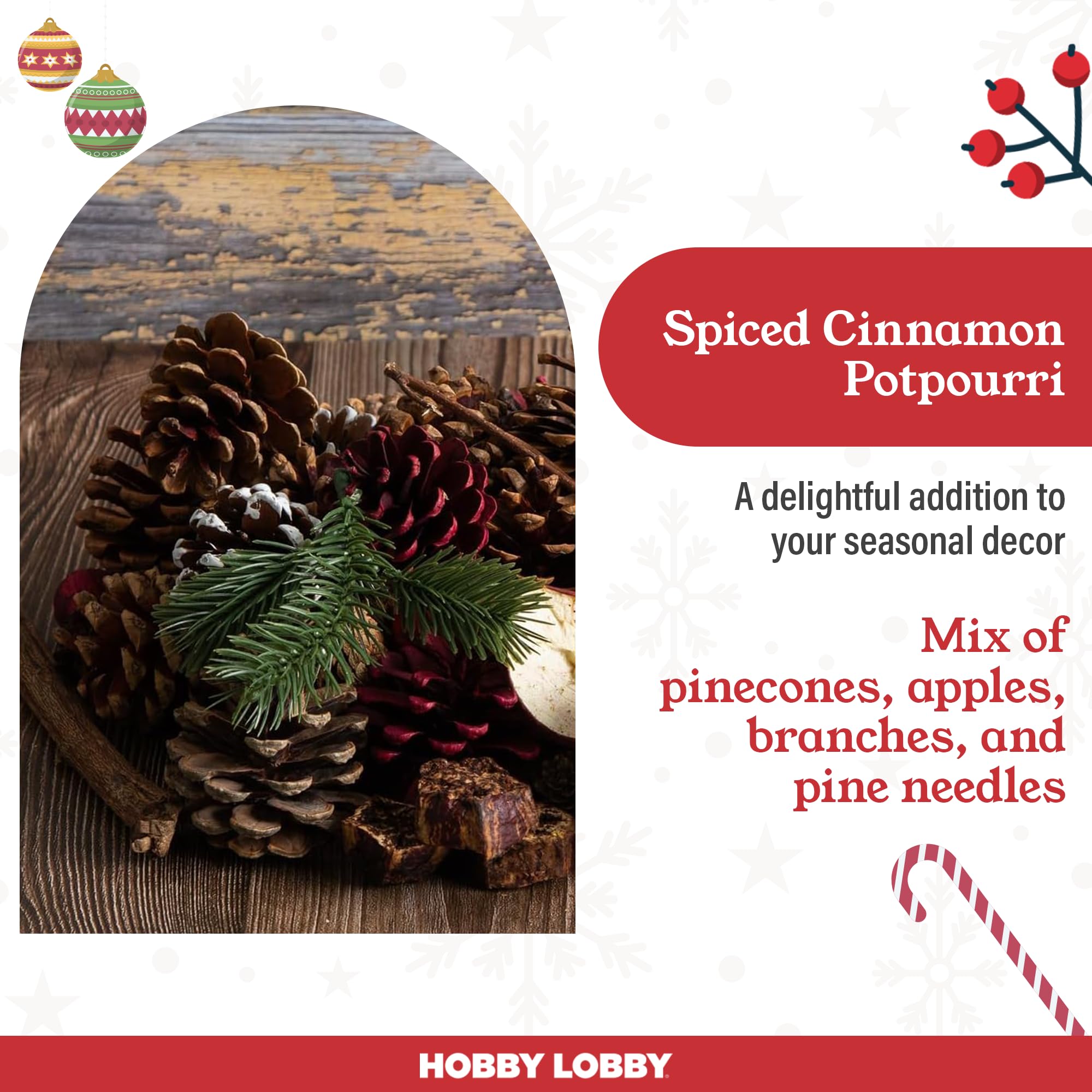 Hobby Lobby Spiced Cinnamon Potpourri, 16 oz, Natural Materials, Pinecones, Apples, Branches, Pine Needles, Holiday Scent, Christmas Decoration, Brown, Red, Green