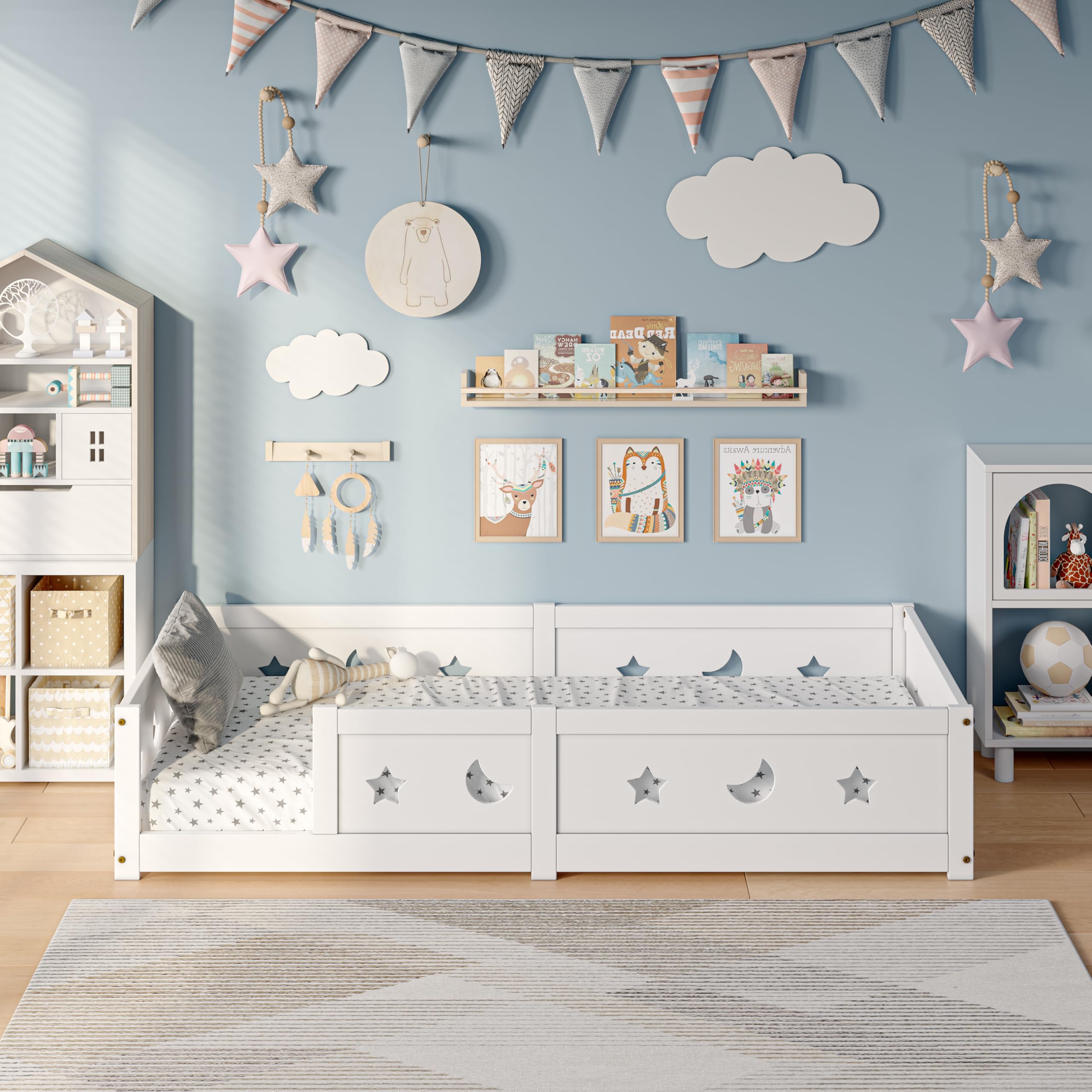 Lettino Montessori, 90 x 200 cm, letto a pavimento in legno, per bambini, con protezione anti-caduta, adatto per ragazzi e ragazze (bianco 1, 90 x 200 cm)