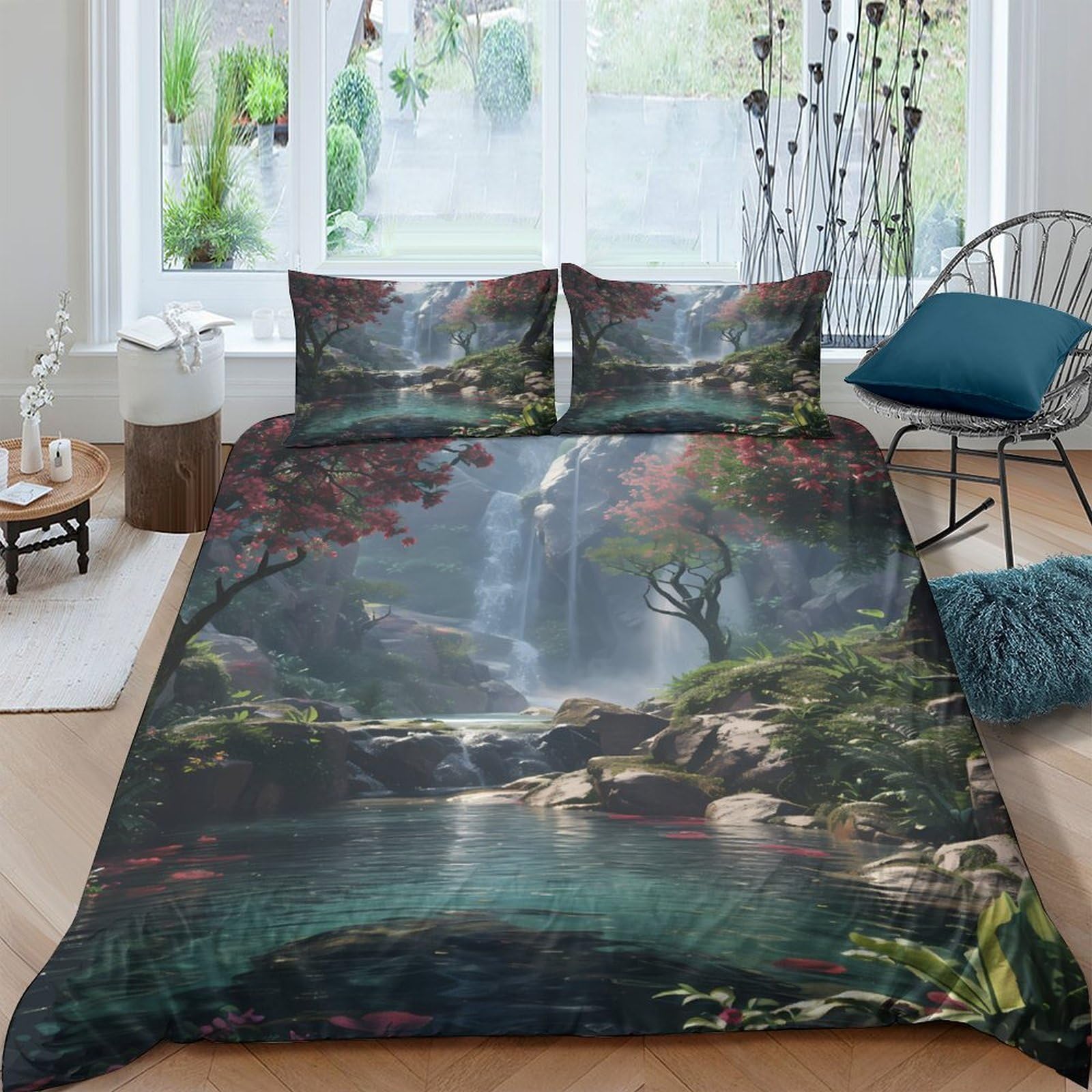 scena della cascata Impressione 3D 3 pz coperteletto natura fantasia arte fodera per edredone microfibra traspirante antiacari per bambini adolescenti adulti Super king（260x220cm）