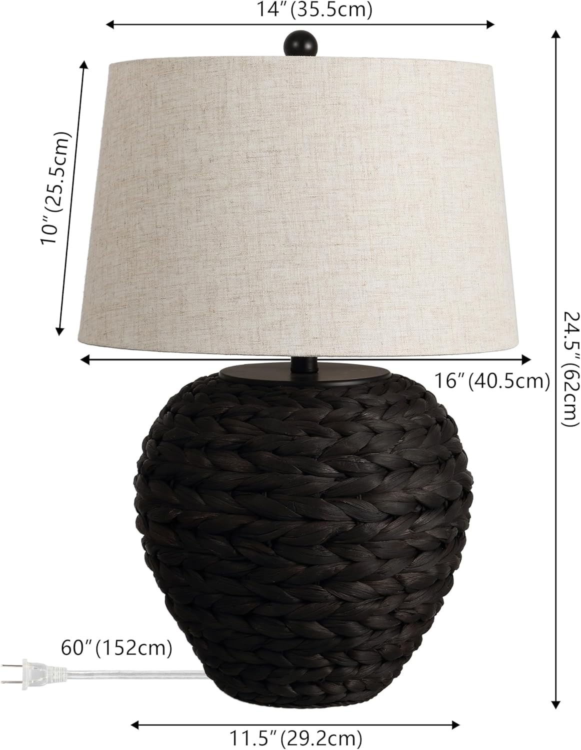 JONATHAN Y 24.5" Black Water Hyacinth Farmhouse Basket Table Lamp, Coastal Decor for Living Room Bedroom Nightstand, Light Gray Linen Shade, LED Bulb Included (JYL6501D)