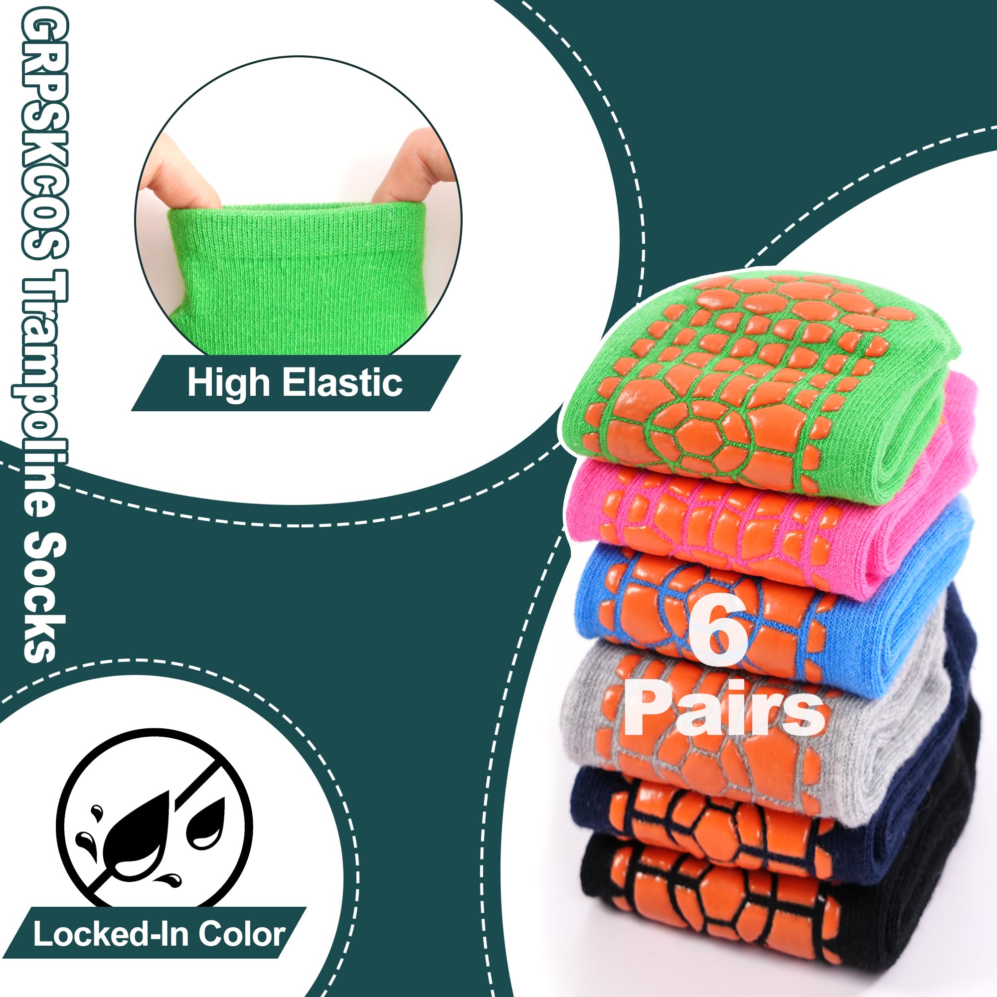 GRPSKCOS Calcetines antideslizantes para niños, 6 pares de calcetines antideslizantes para cama elástica con agarre pegajoso, calcetines transpirables para niños y niñas de 2 a 13 años
