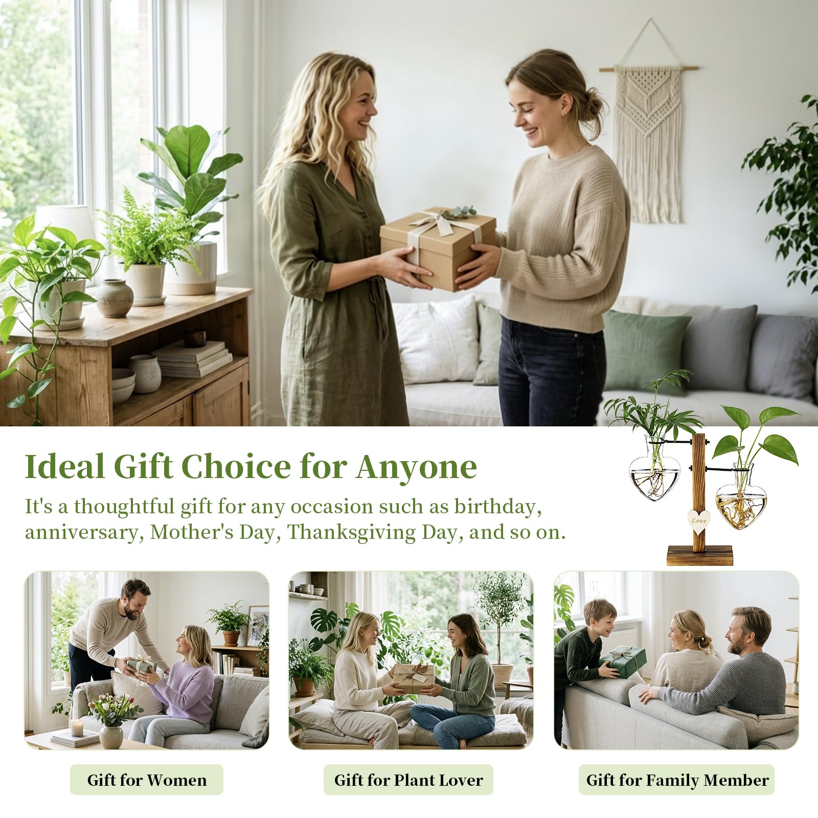 Terrarium De Plantes en Verre avec Support en Bois, Vases Hydroponiques en Verre à Double Cœur Créatif, Station De Propagation De Plantes Modernes, Ampoule De Jardinière De Bureau