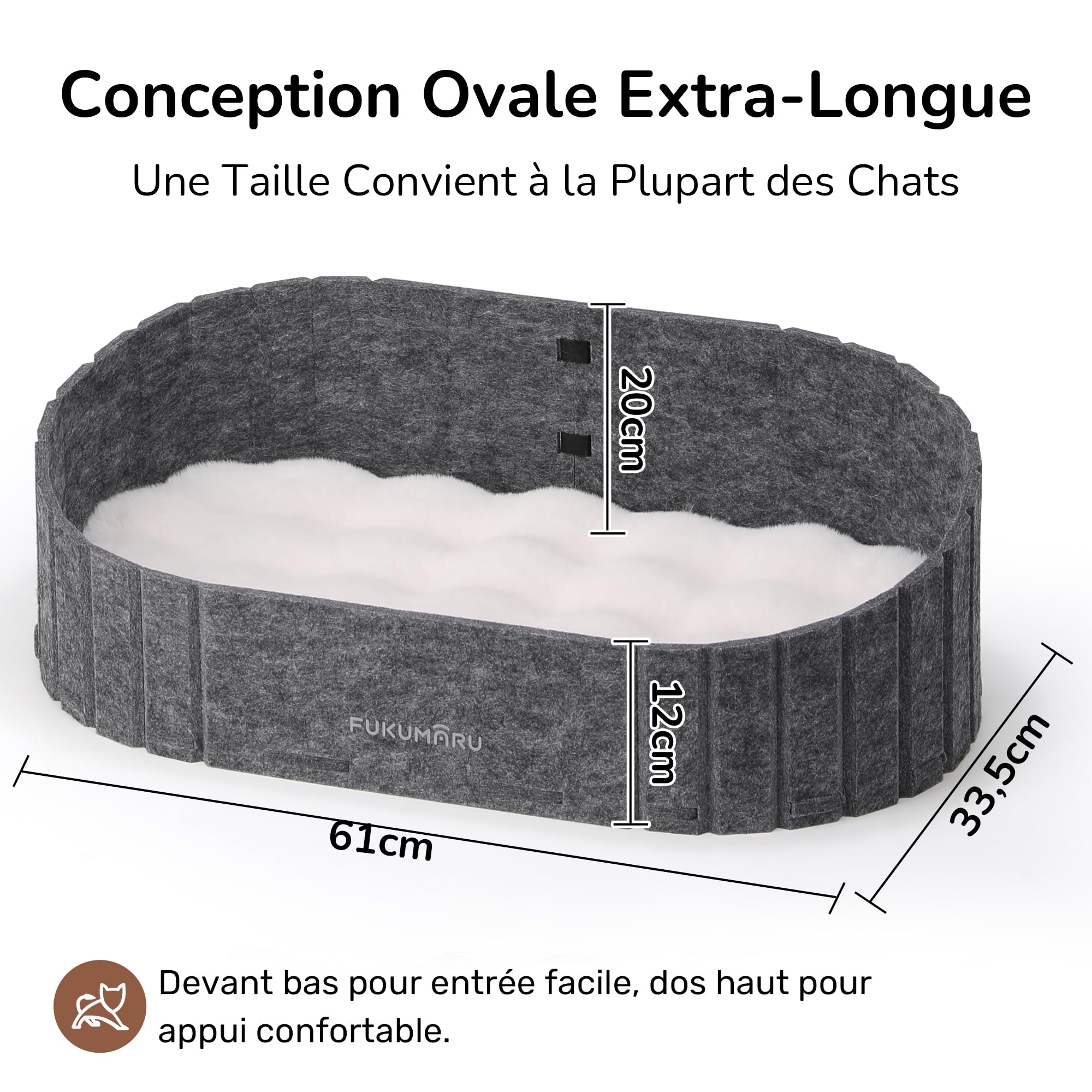FUKUMARU Lit pour Chats d'Intérieur, 61 cm Canapé avec Coussin en Fausse Fourrure de Lapin, Maisonette en Feutre en Forme Ovale, Gris