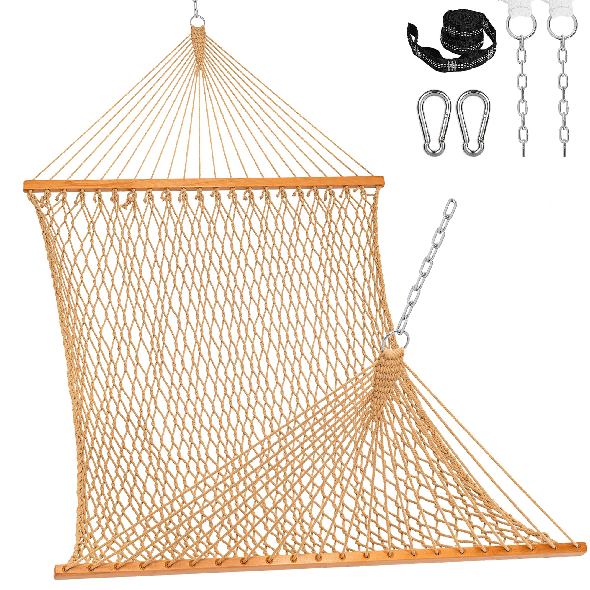 Photo 1 of ***SIMILAR TO STOCK/VIEW ALL IMAGES*** Lazy Daze Hammocks Double Rope Hammock, 2 Person Traditional Outdoor Hand Woven Cotton Rope Hammock with Spreader Bar, Carabiners, Tree Straps, Chains for Patio Yard - Max 450 Lbs, Tan