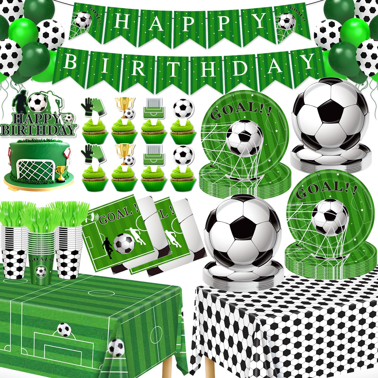 Soccer Party Decorations, 143Pcs Soccer Birthday Party Supplies-Serves 24 with Plates and Napkins Tablecloth and Birthday Banner Balloons for Soccers Sports Theme Birthdays Decorations
