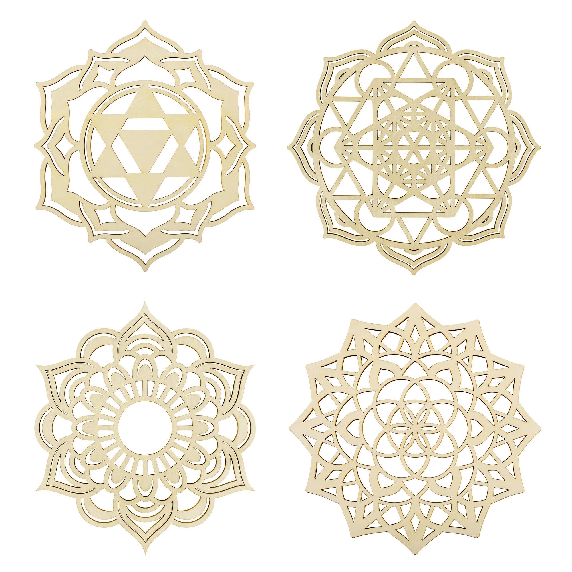Yoption 7.71'' Sacred Geometry Wall Art 4 Pcs Set, Meditation Decor Wood Crystal Grid Board Wall Art Sculpture for Yoga Decor, 7 Chakras Decor, Home Decor, Spiritual Gifts