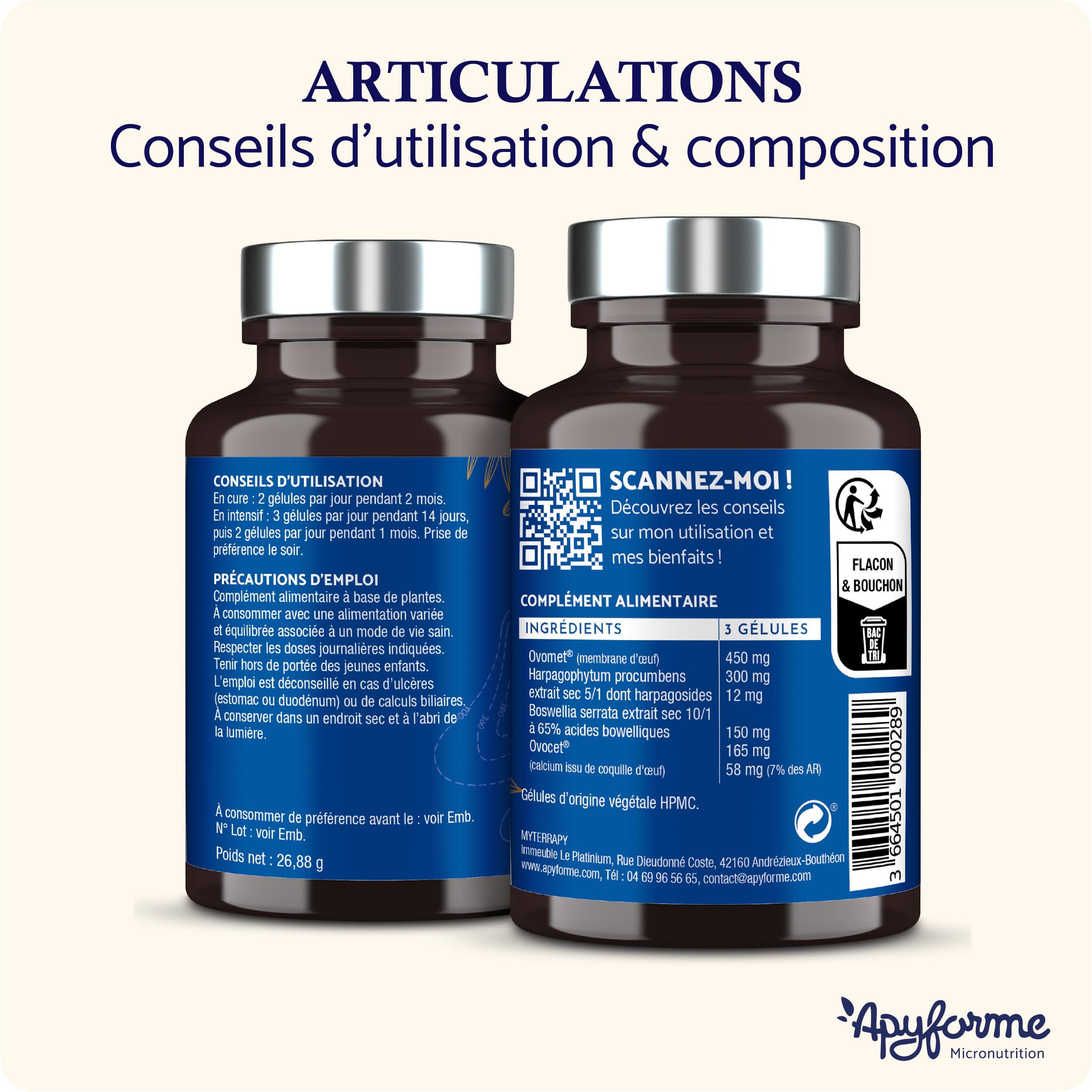 Apyforme - Articulations - Anti Douleurs et Confort Articulaire - Glucosamine Chondroitine MSM, Boswellia Serrata, Harpagophytum - 60 Gél - Fabriqué en France