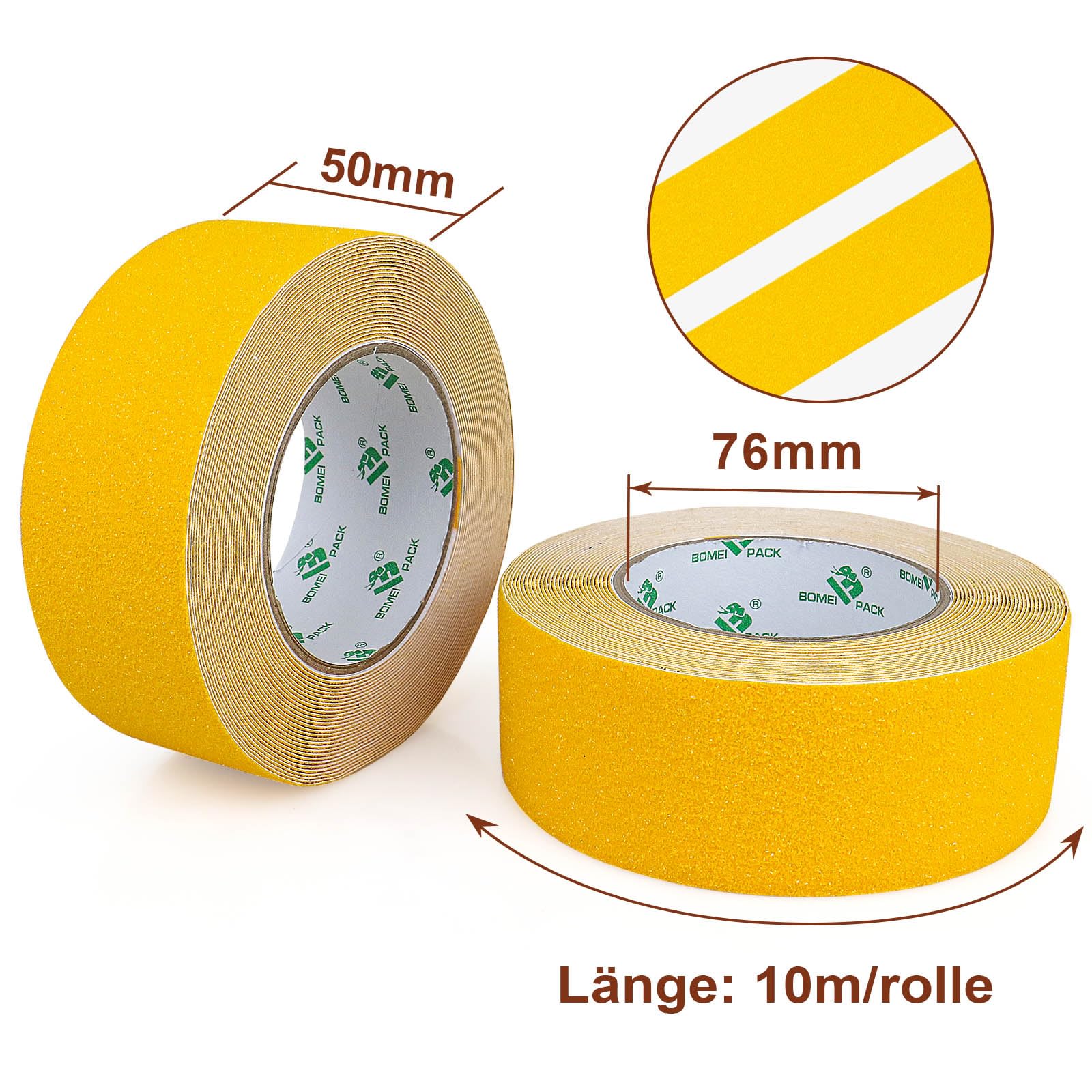 BOMEI PACK Lot de 2 rouleaux de 5 cm x 10 m Jaune Ruban antidérapant adhésif de sécurité haute traction Forte poignée abrasive Bandes antidérapantes pour intérieur et extérieur, marches et sols